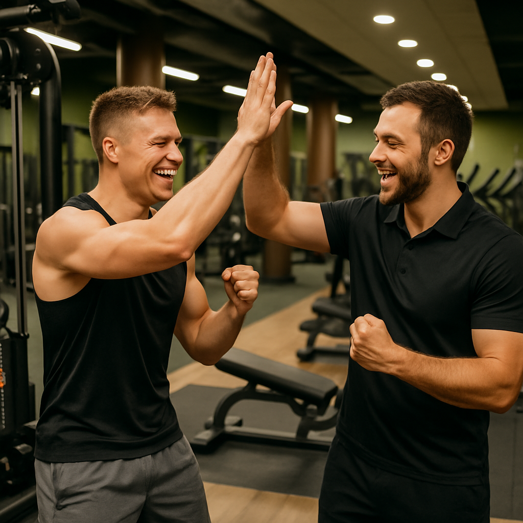 Fit member celebrating personal best with trainer