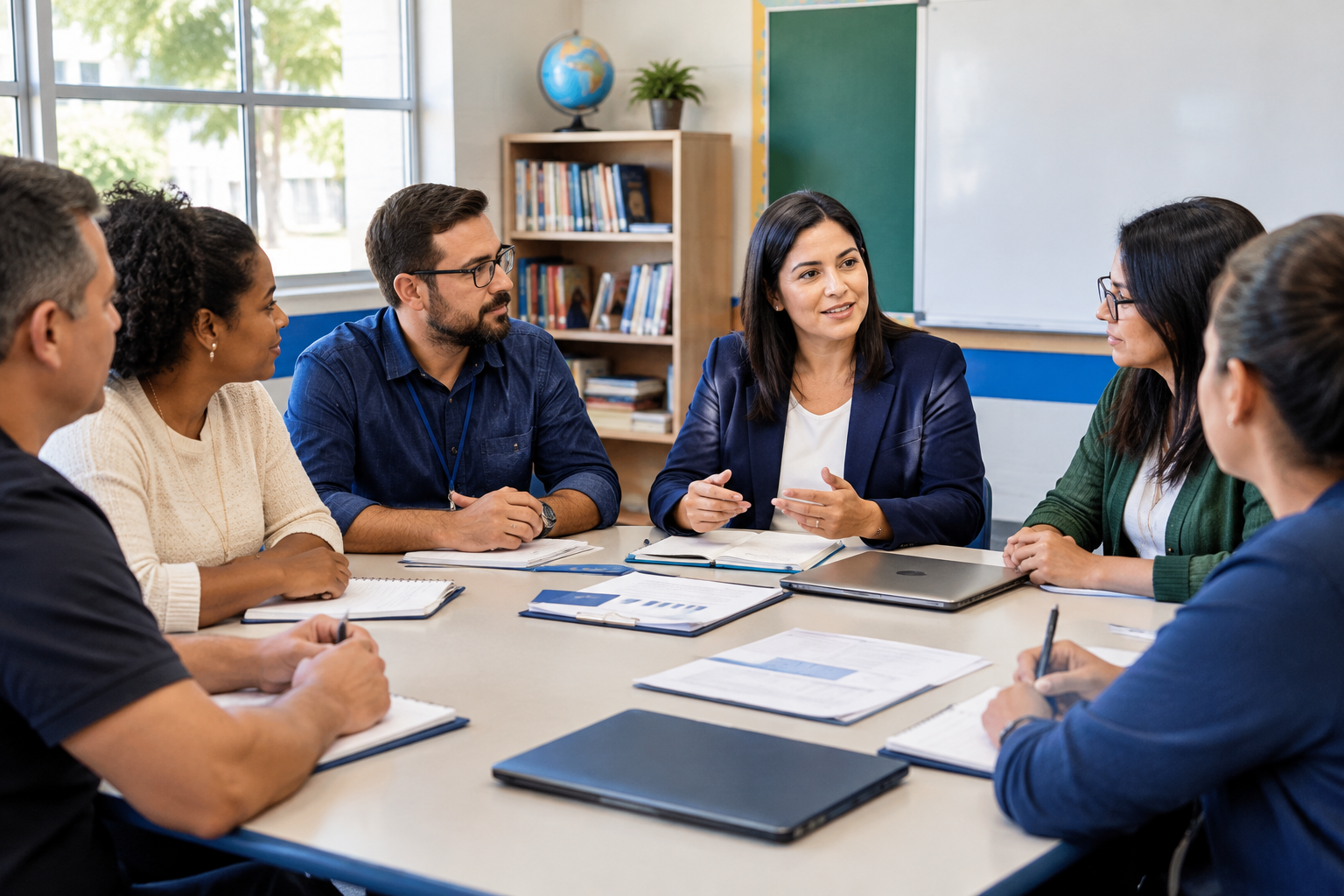 Equipe gestora e comunidade escolar em ambiente institucional brasileiro, com postura profissional e colaboração