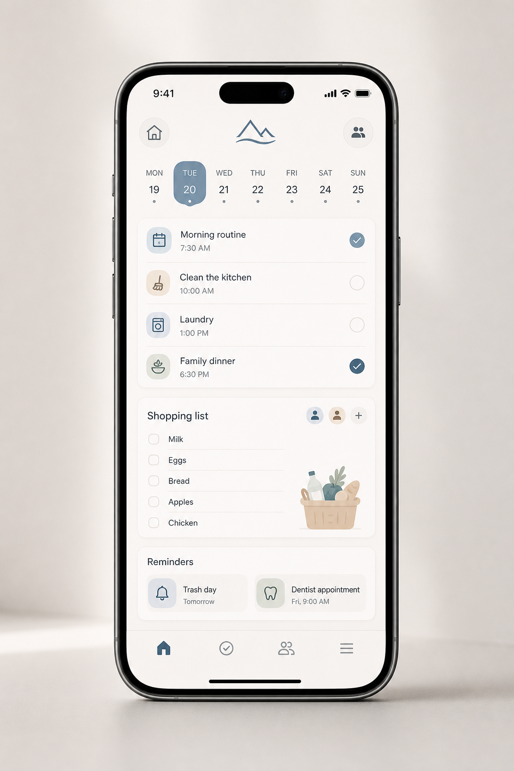 Smartphone displaying the Fjord household app with a clean schedule, shared tasks, and reminder cards in a soft neutral interface