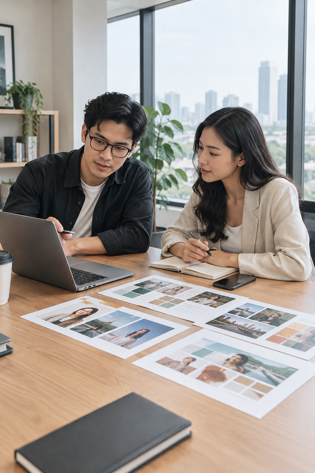 Polished planning session with a brand strategist and creator reviewing campaign timeline, content moodboards, and laptop analytics in a modern workspace