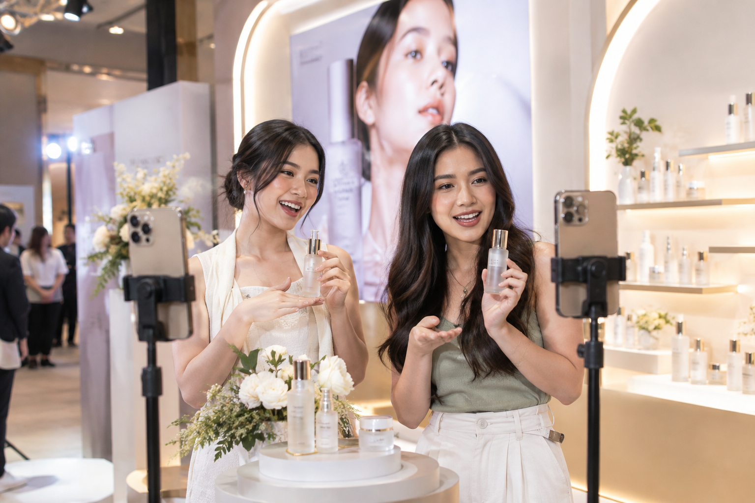 Beauty product launch event with Indonesian lifestyle creators filming short-form content around a branded display wall