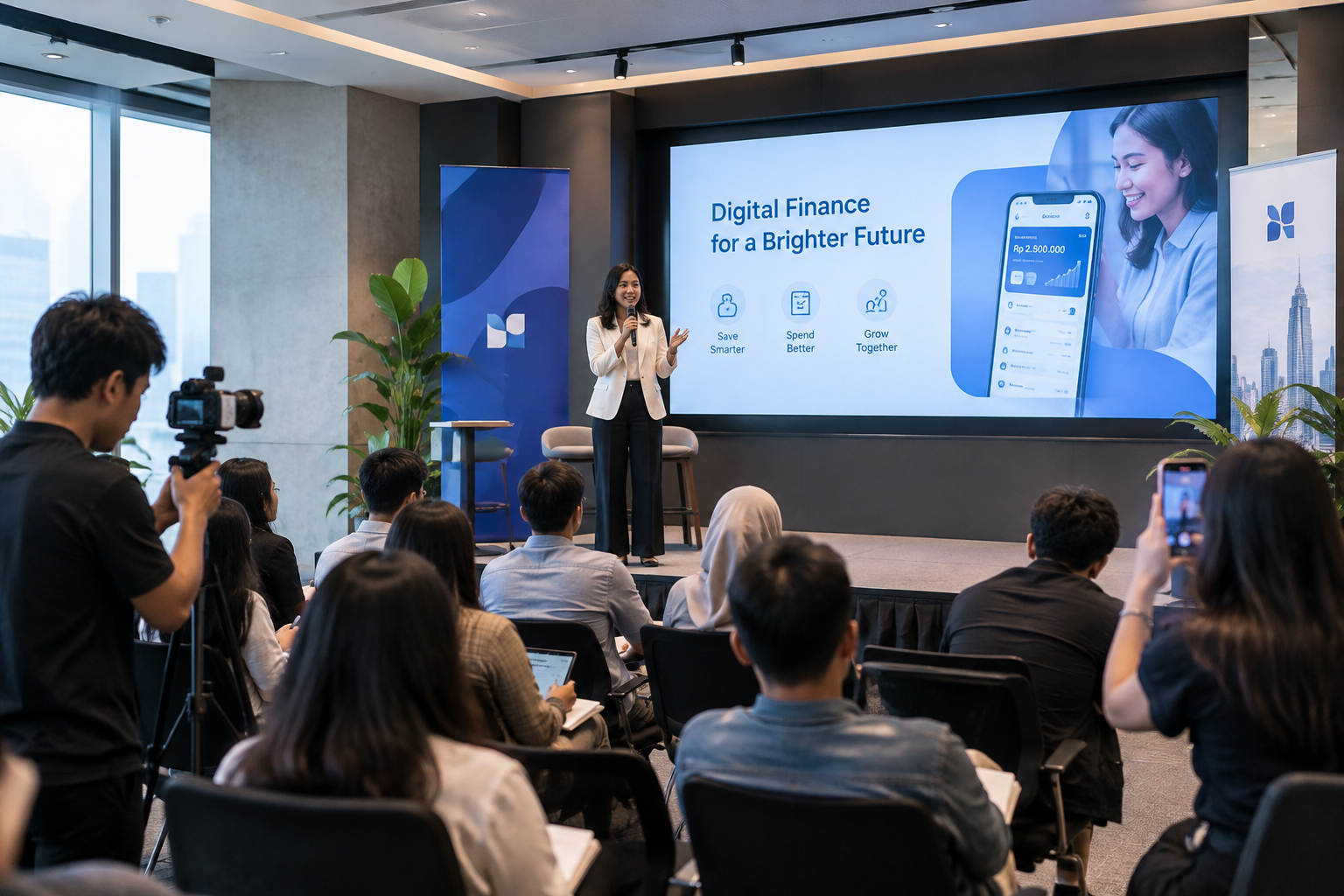 Professional creator workshop setup with fintech branding, speaker stage, and attendees capturing educational content