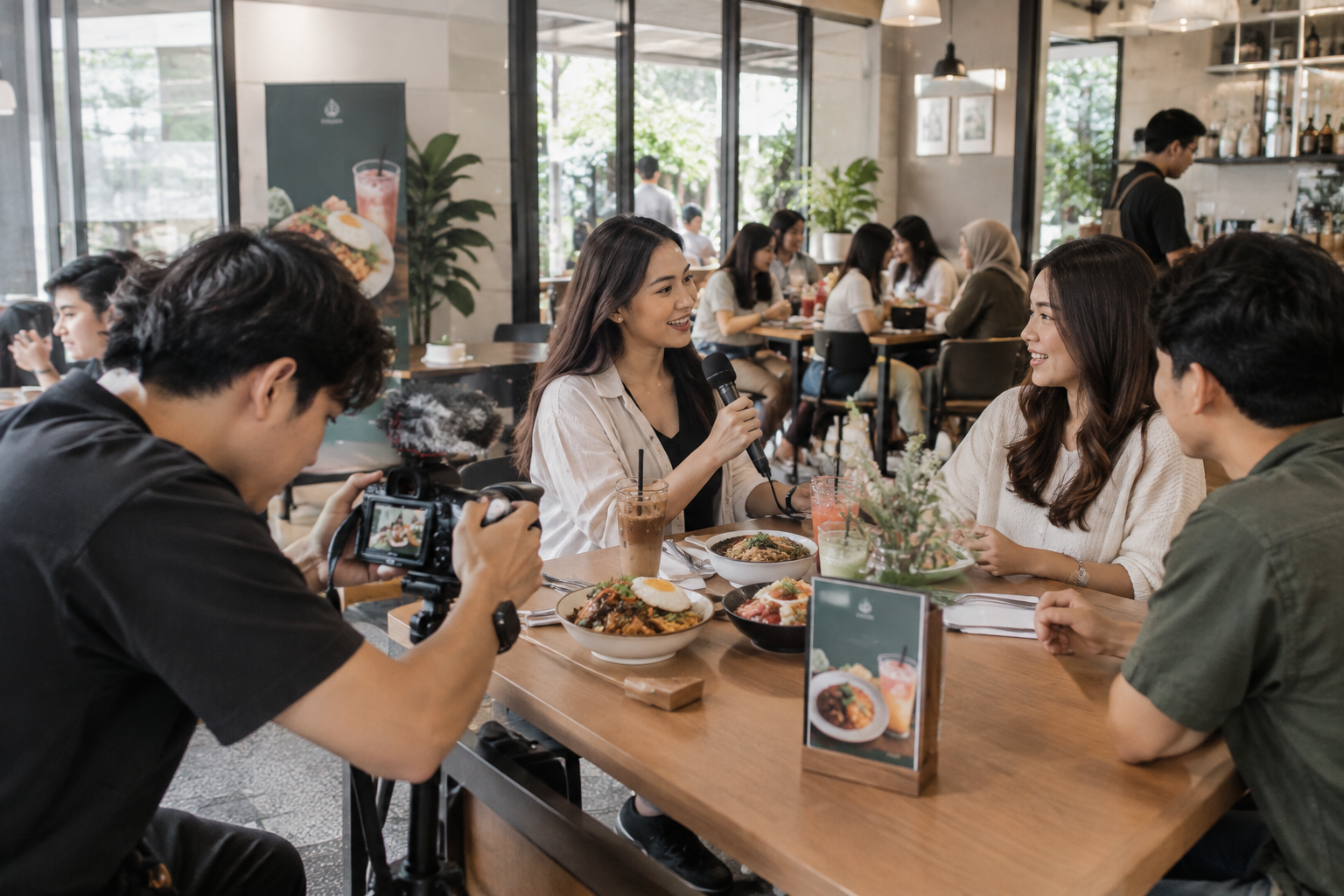 Busy Indonesian cafe activation with creators interviewing customers and documenting limited-time menu content