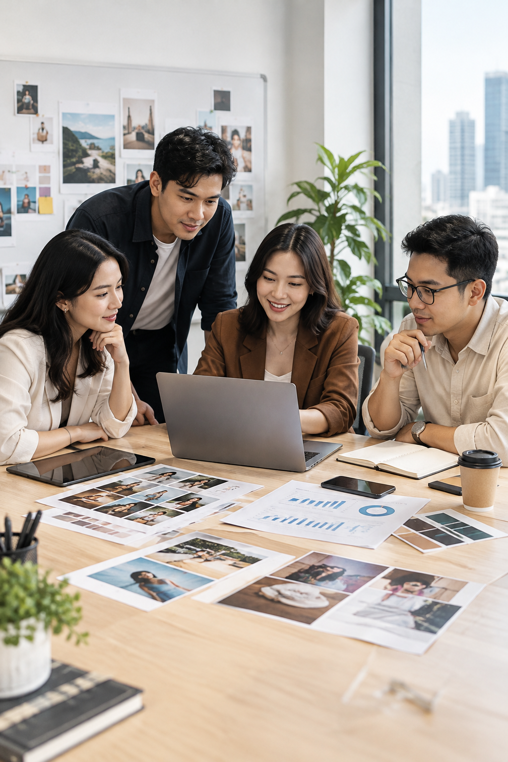 Polished creator and brand collaboration scene with modern Indonesian content creators reviewing campaign plans with a marketing team in a premium editorial collage style