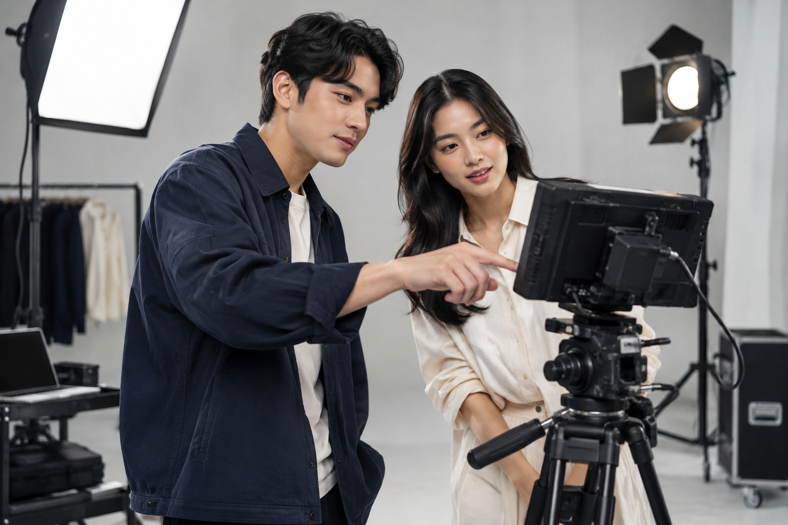Indonesian duo creator team reviewing campaign content on set with professional production equipment