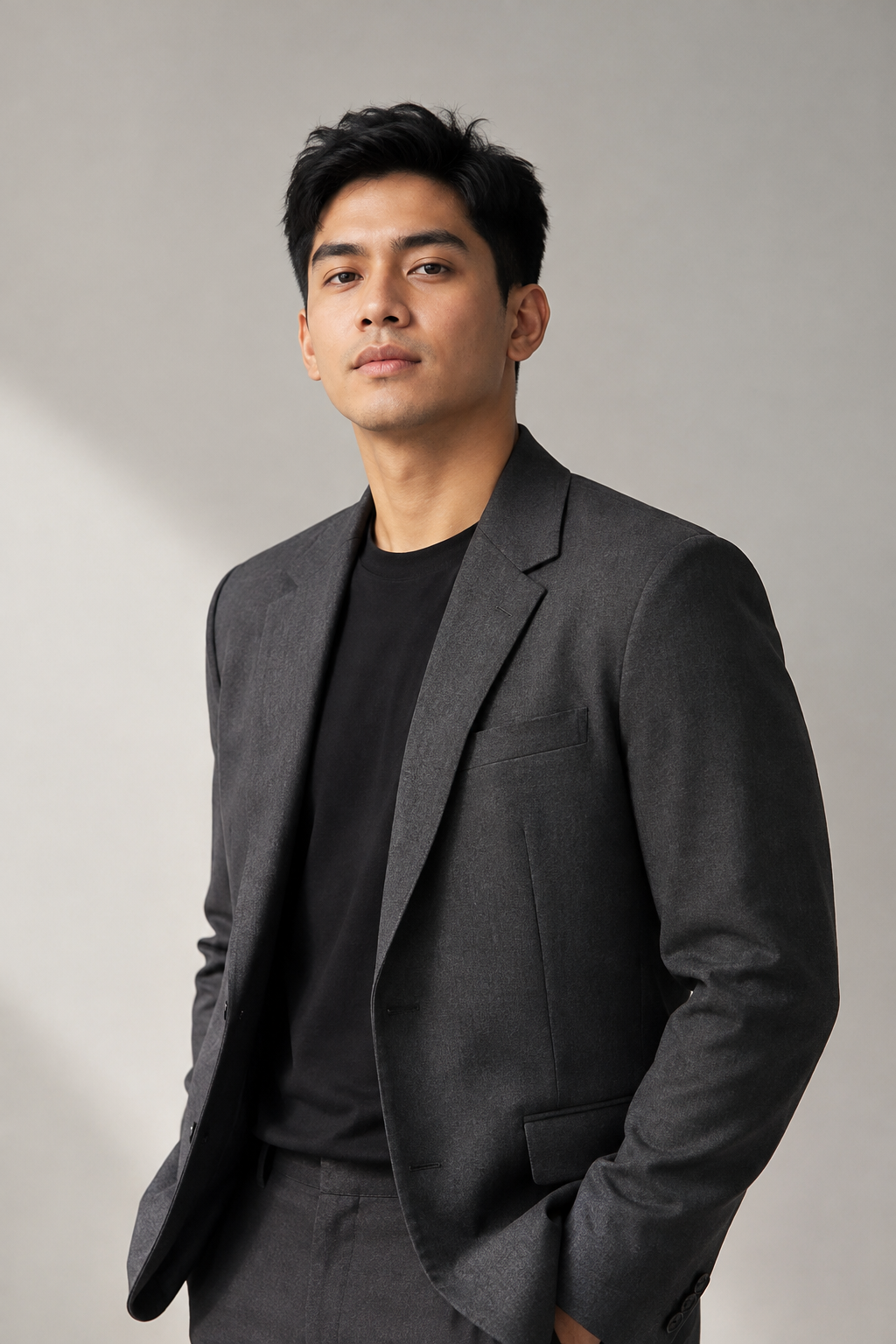 Confident Indonesian male creator in a neutral studio wearing a dark tailored jacket