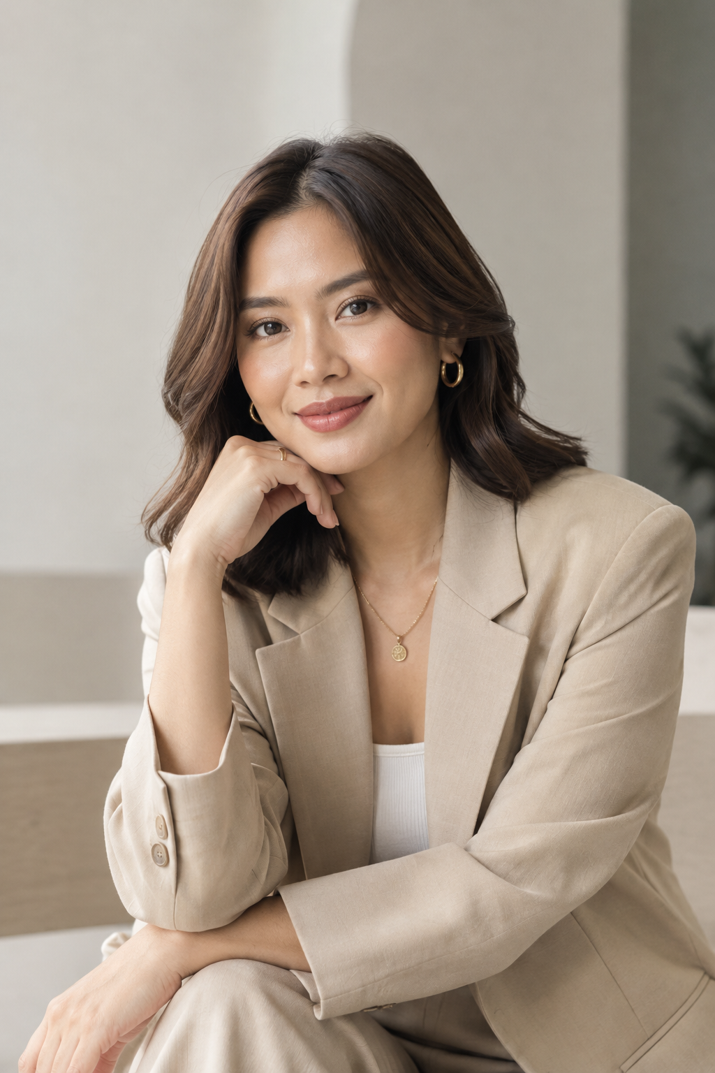 Indonesian female lifestyle creator with a beige blazer and soft natural makeup in editorial lighting