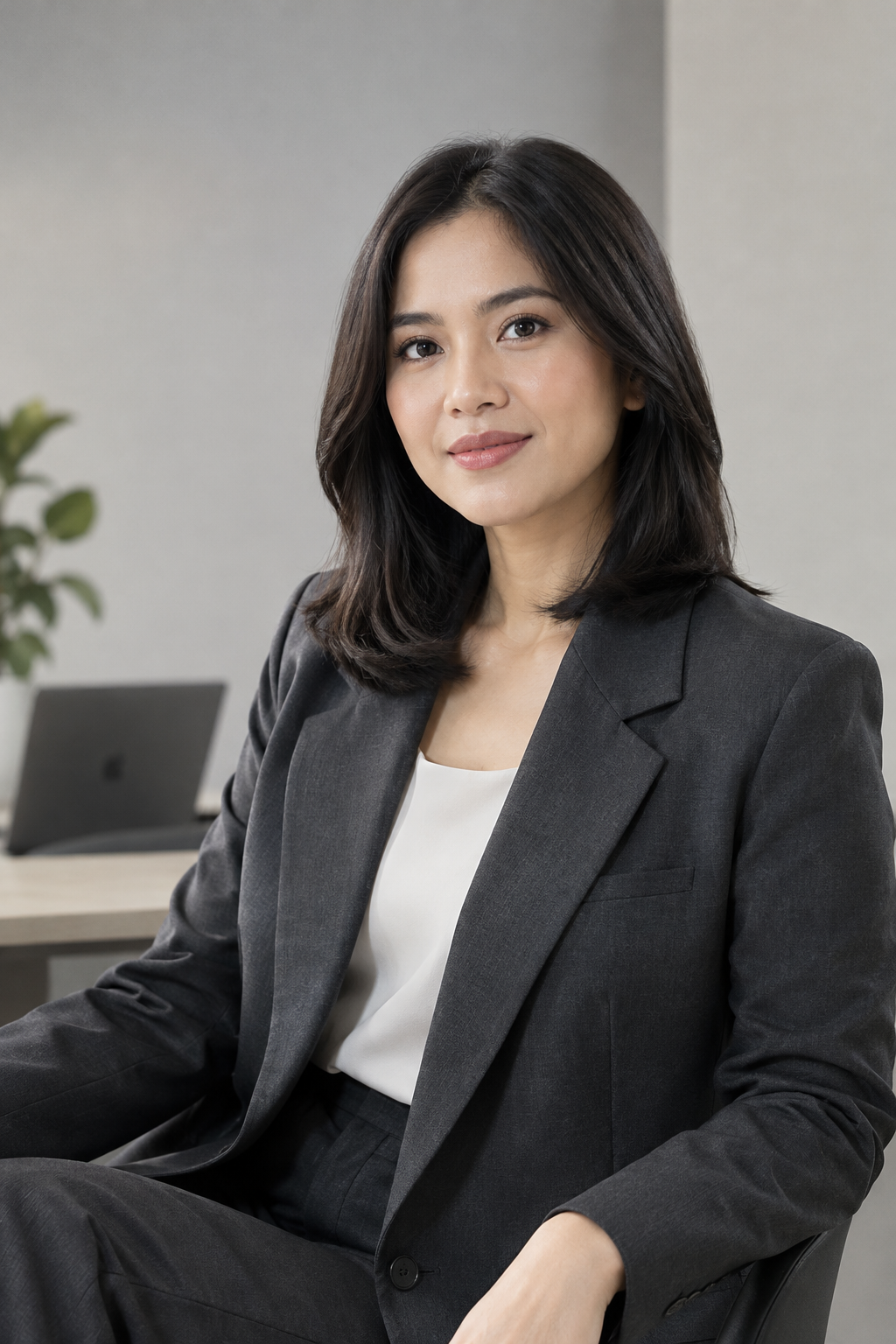 Portrait of a professional female partnership director in a charcoal blazer