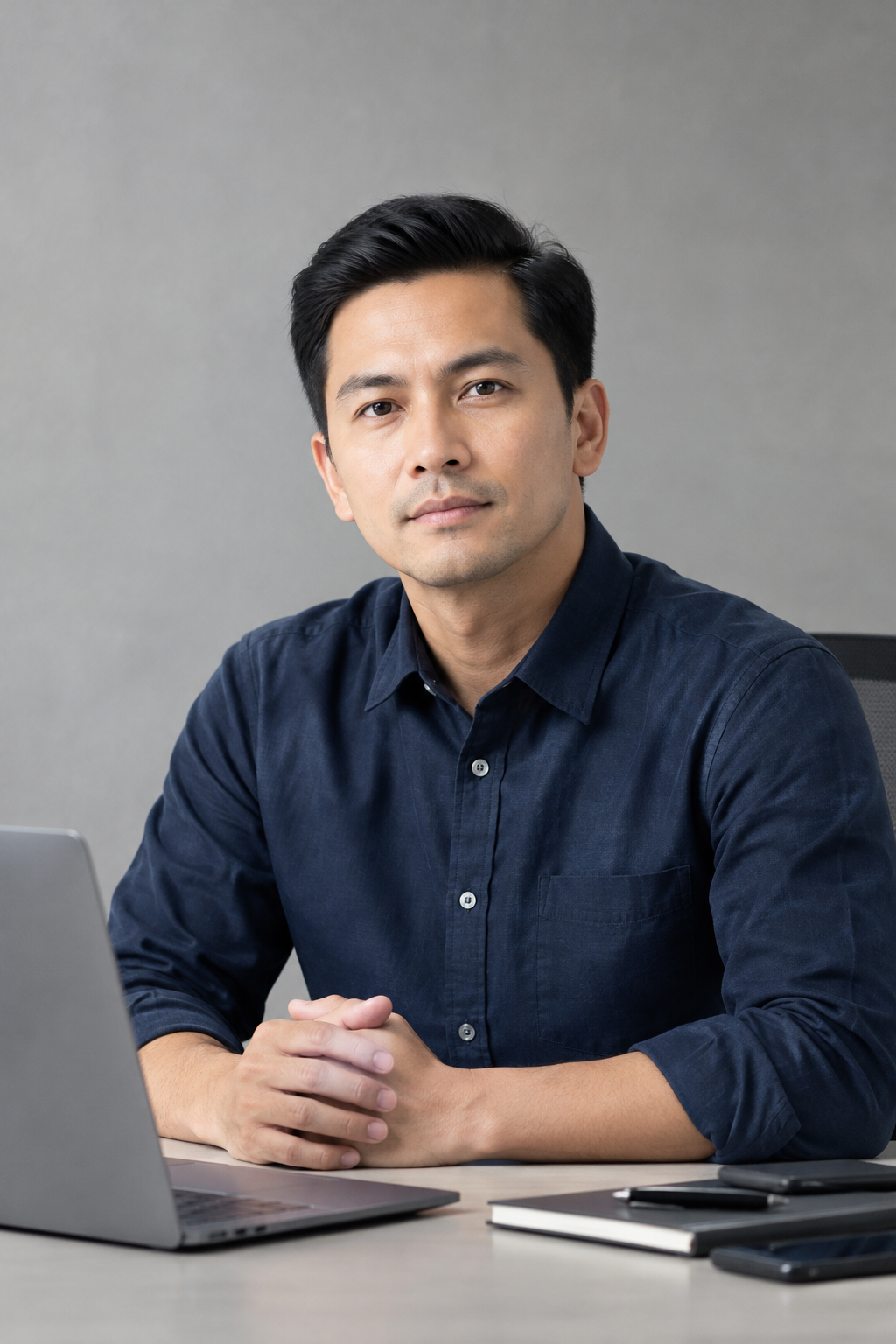 Portrait of a professional male campaign operations lead in a navy shirt