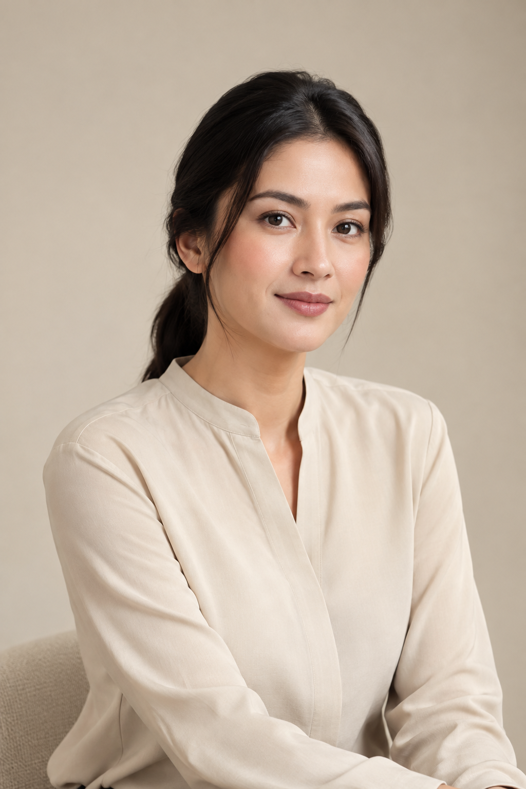 Portrait of a professional female creator coordination lead in a beige blouse