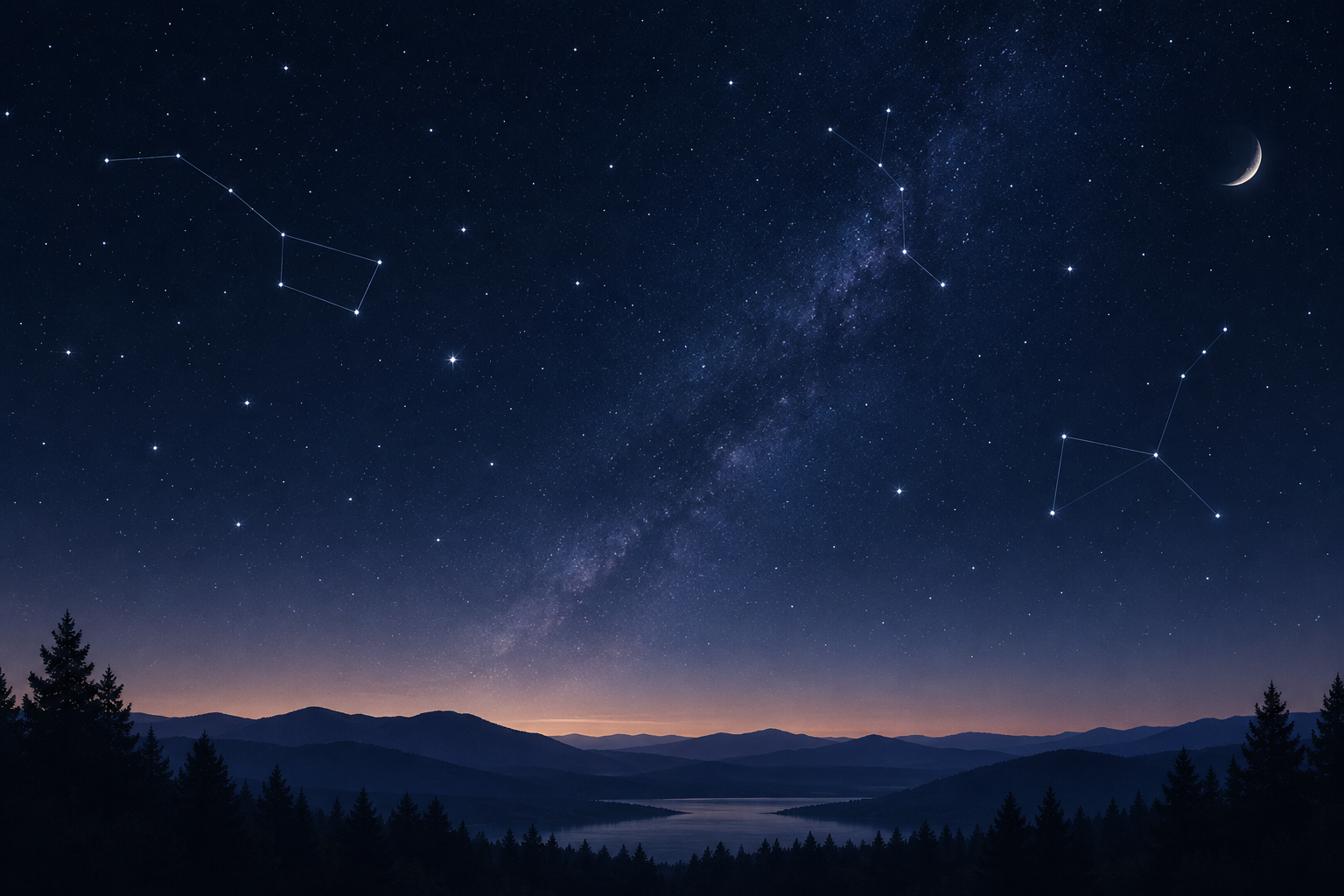 Refined night sky scene with a subtle constellation map overlay and faint star points above a calm dark horizon