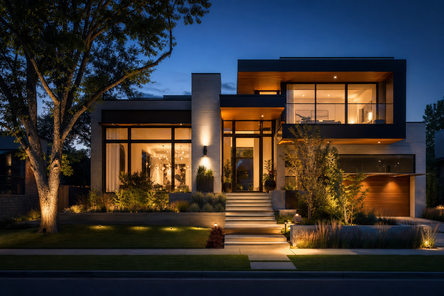 Cinematic twilight exterior of a luxury Cherry Creek residence with warm interior lighting and landscaped entry