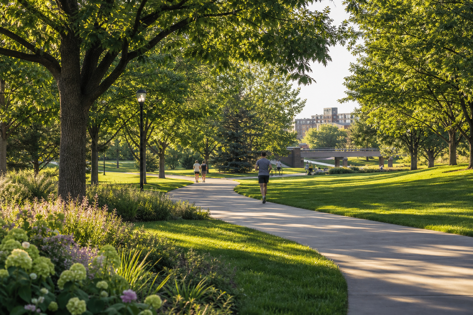 Lush green park with a winding path, mature trees, and people strolling near Cherry Creek in Denver
