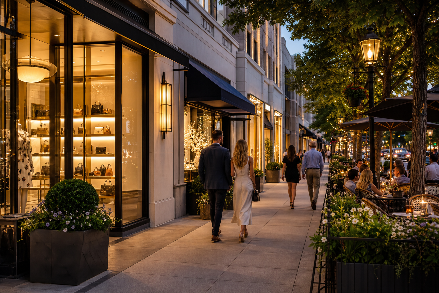 Evening view of luxury storefronts and outdoor dining along Cherry Creek North with warm lights and tree-lined sidewalks