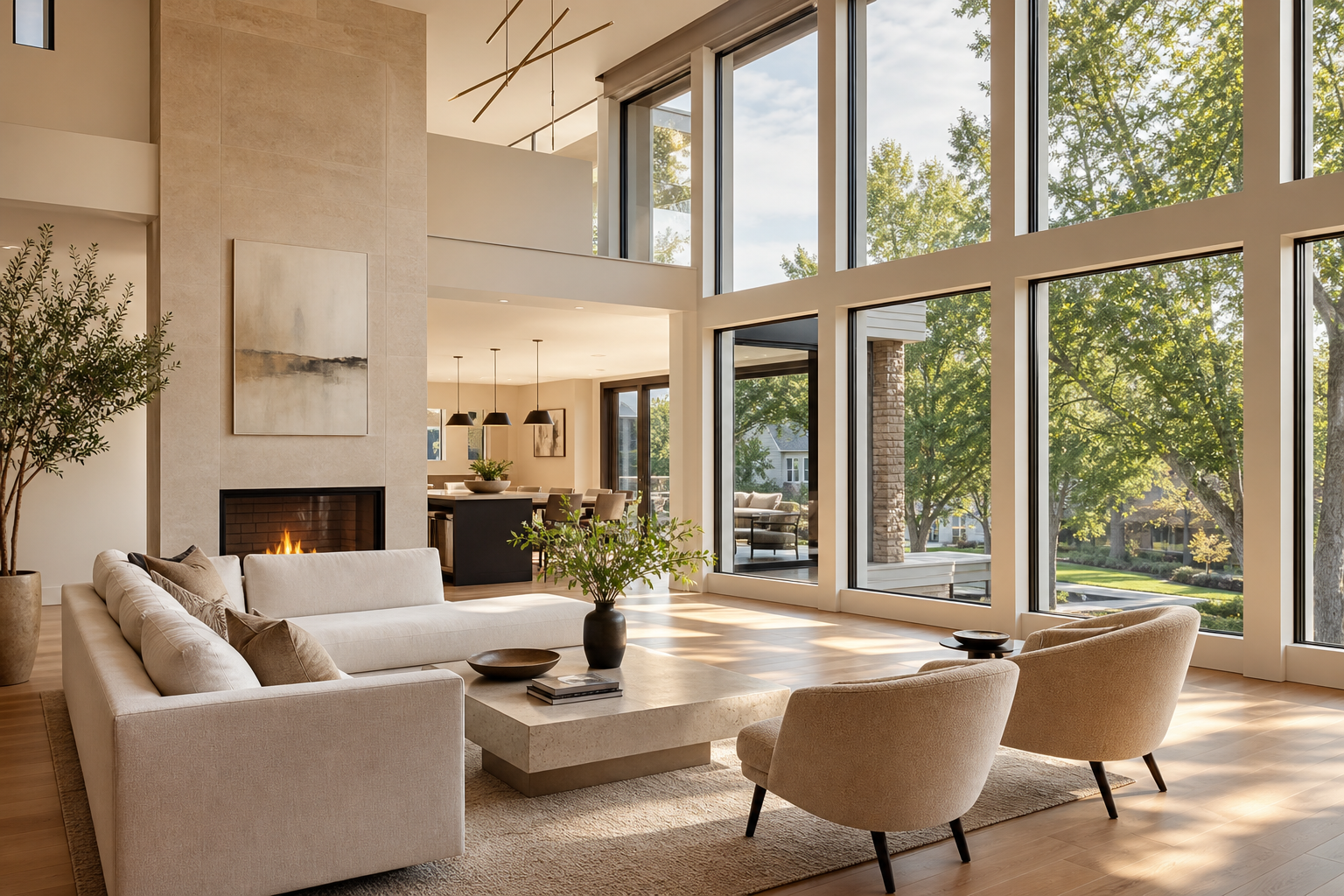 Sunlit great room with floor-to-ceiling windows, warm oak floors, and modern neutral furnishings