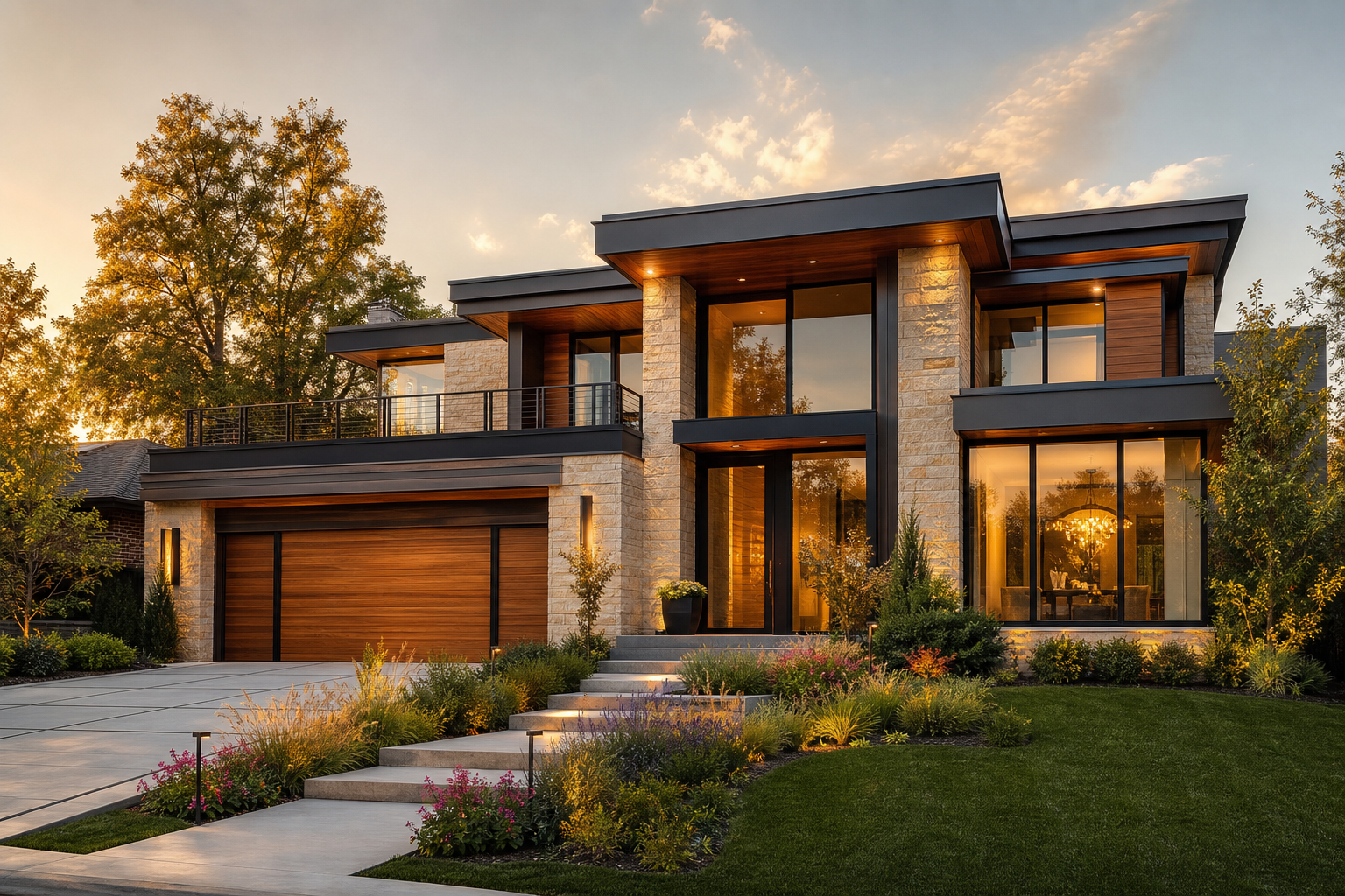 Golden-hour view of a modern Cherry Creek residence with warm stone facade and manicured front garden
