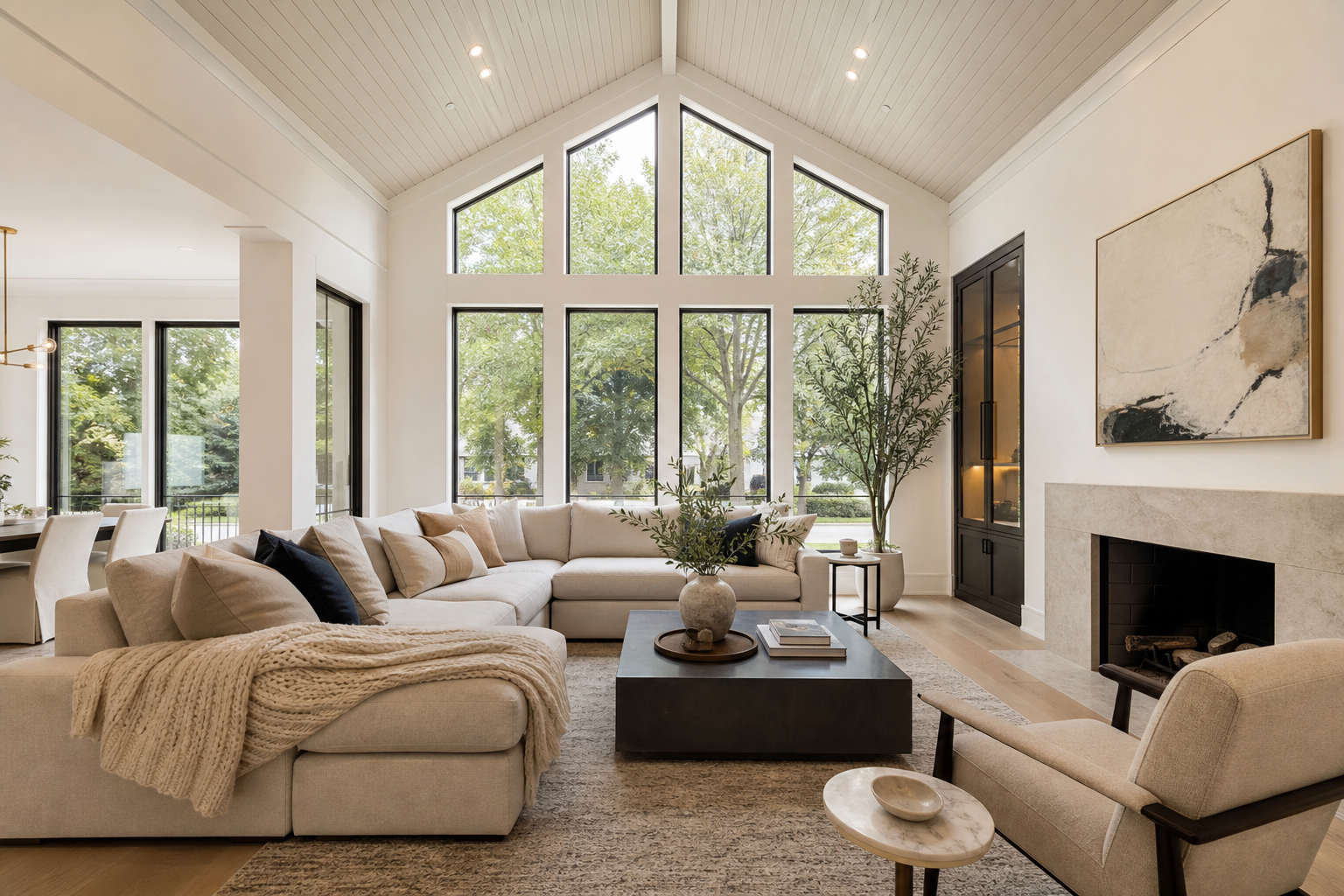Light-filled living room with vaulted ceiling, soft neutral furnishings, and large picture windows