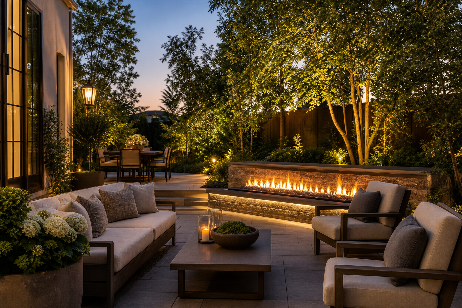 Serene backyard terrace with modern lounge seating, fire feature, and mature greenery