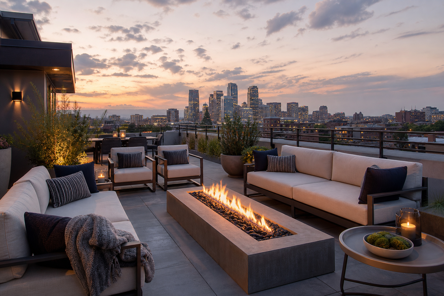 Rooftop terrace with sleek seating, fire feature, and a soft view of downtown Denver at dusk