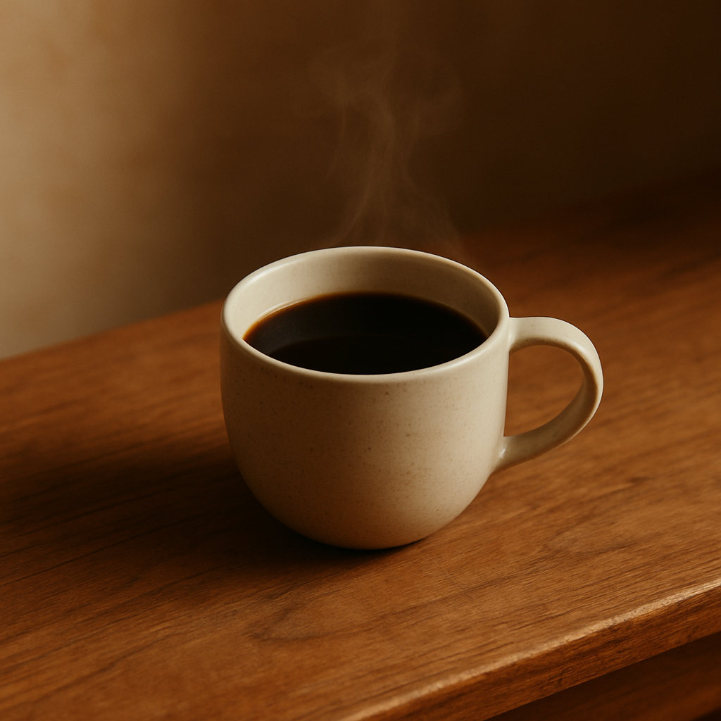 Minimal ceramic cup of brewed coffee on a wooden table with soft morning light