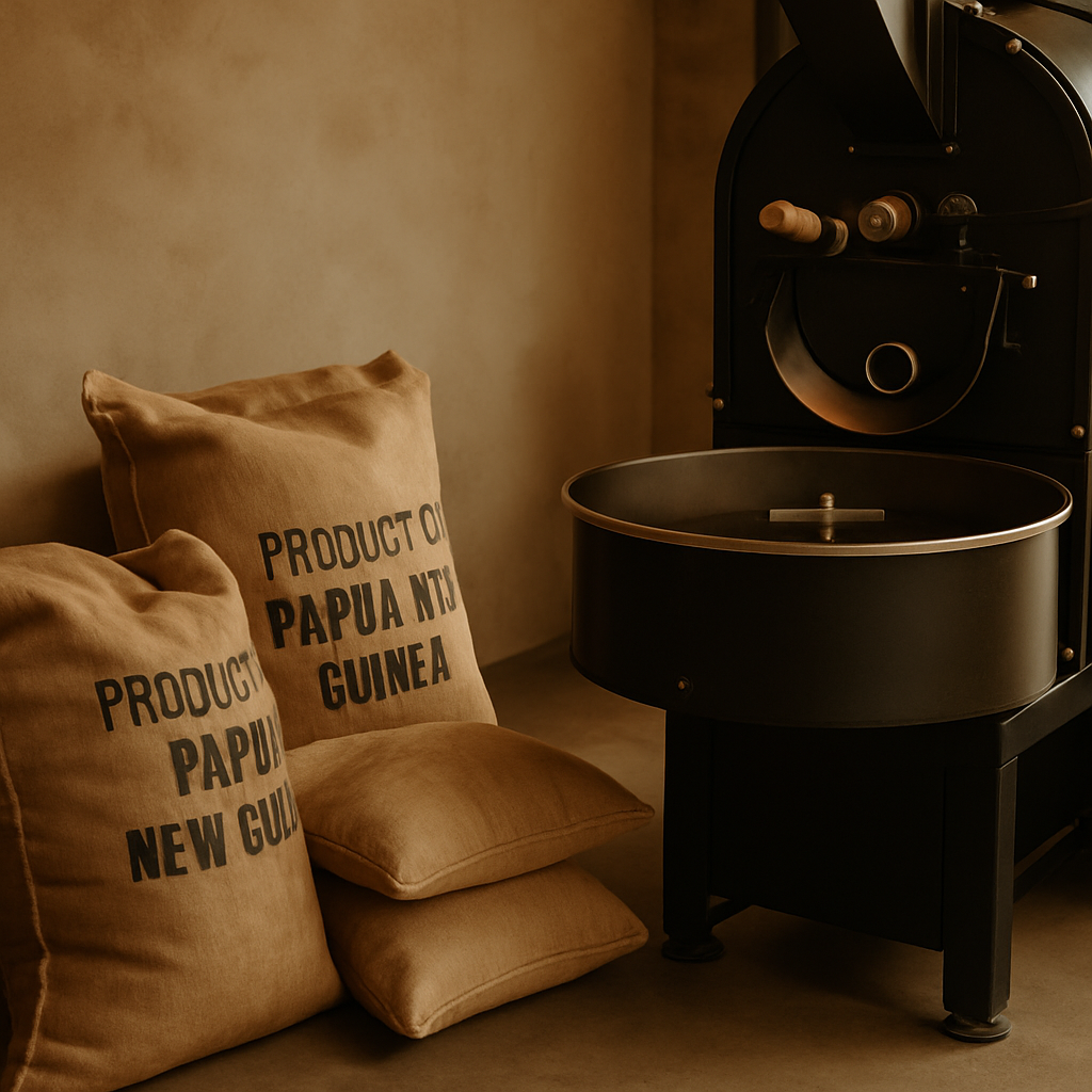 Neutral-toned export sacks beside a small-batch roasting drum with warm ambient light