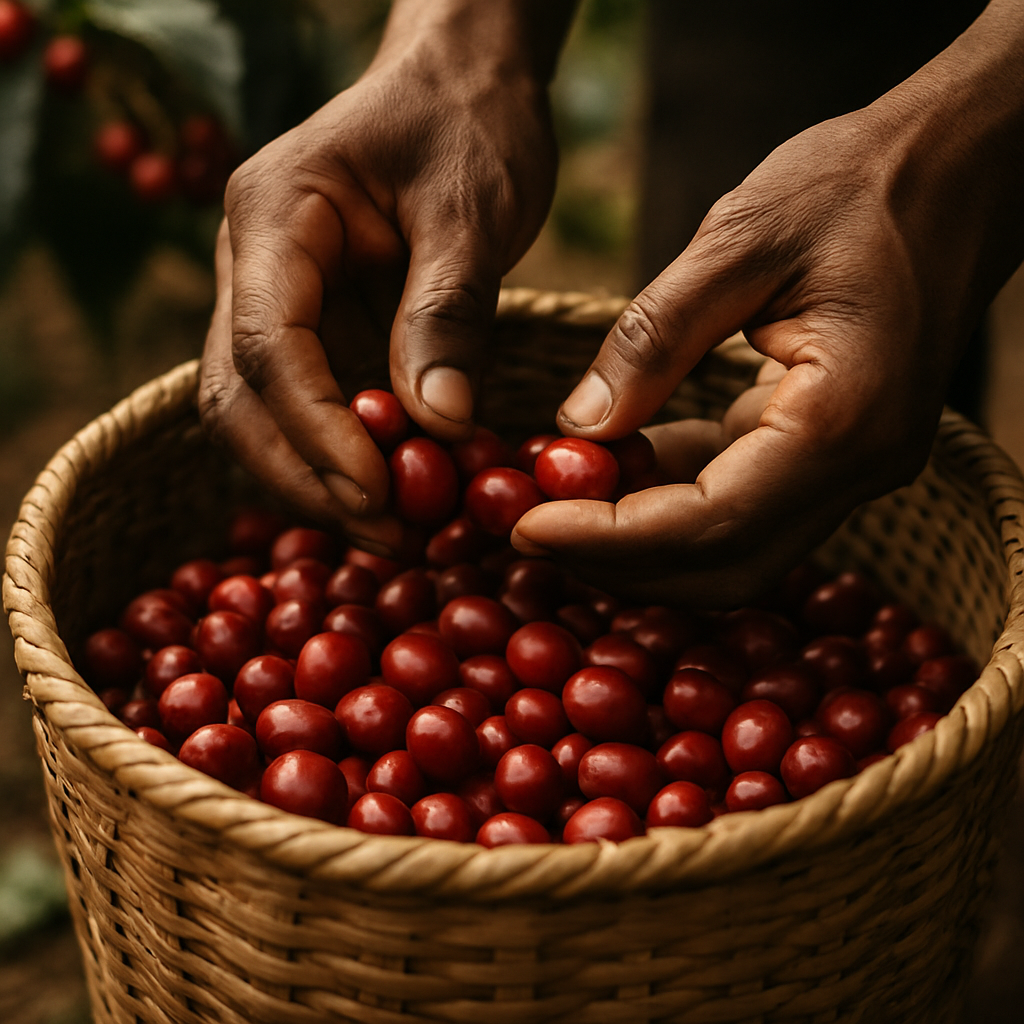 Close-up of hands selecting ripe red coffee cherries in a woven basket