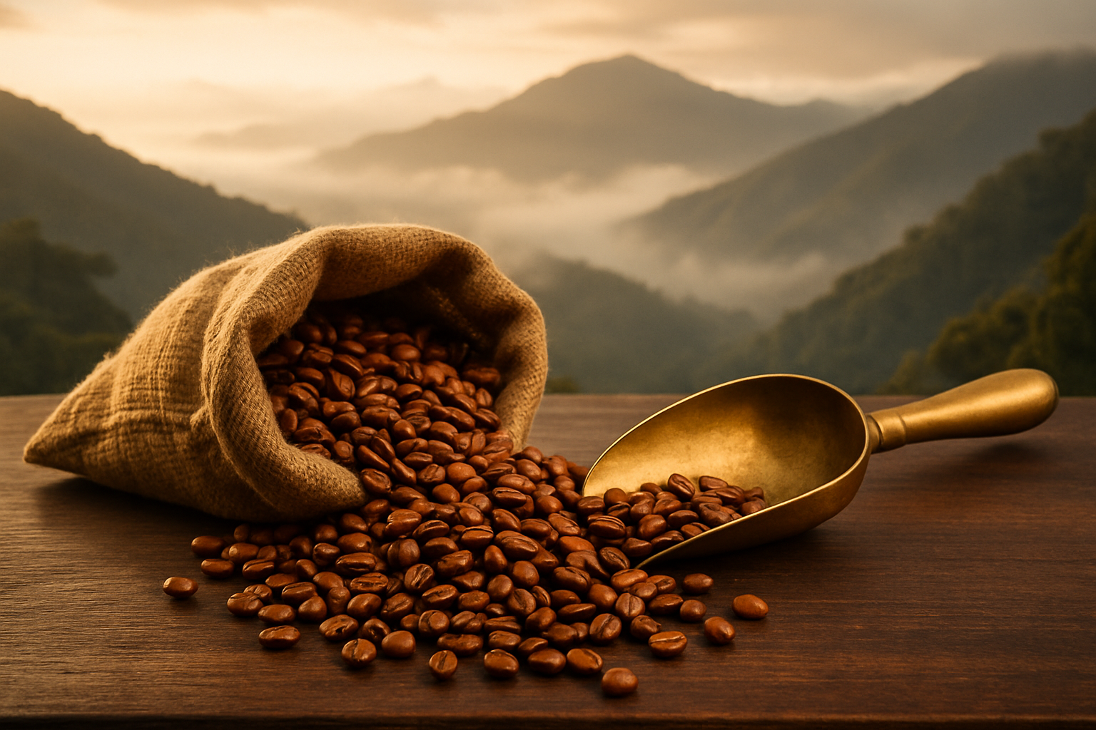 Warm editorial photo of Papua New Guinea highland coffee: a linen sack spilling rich amber roasted beans beside a brass scoop, with a misty mountain ridge and soft golden light in the background
