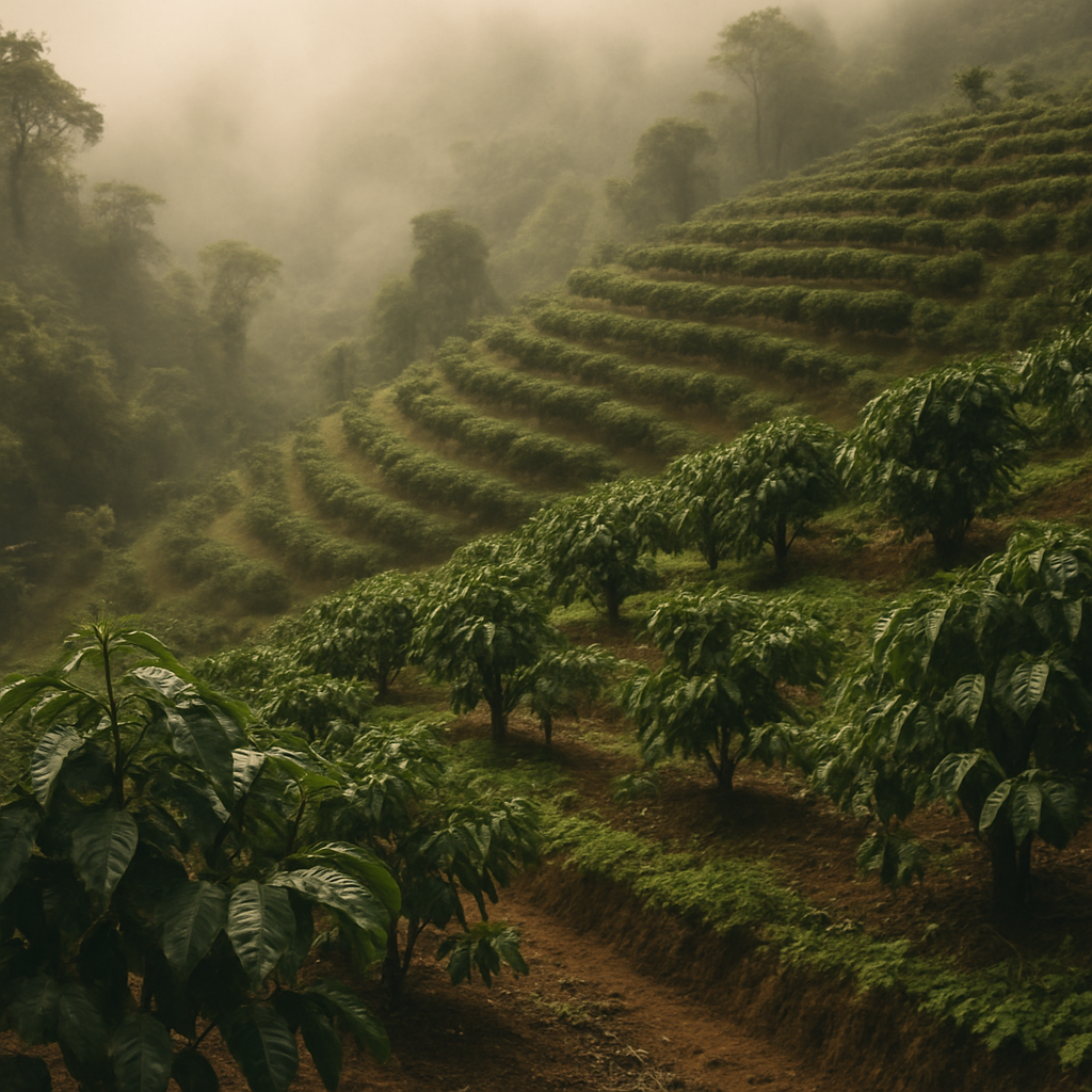 Terraced coffee plants on a misty Papua New Guinea highland slope with rich green foliage