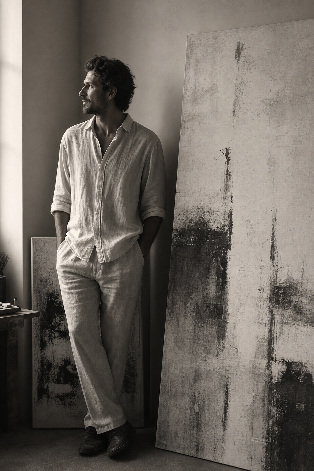 Vertical studio portrait scene with an artist near textured contemporary canvases in a quiet monochrome workspace
