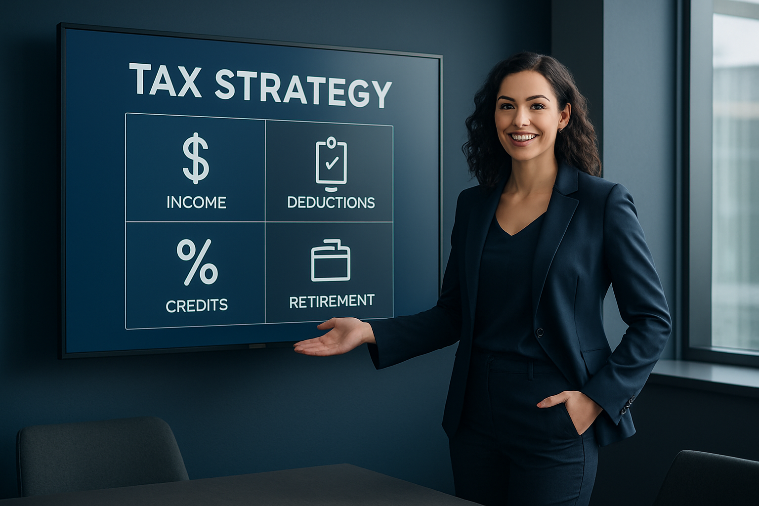 Consultora financeira apresentando estratégias tributárias em tela digital
