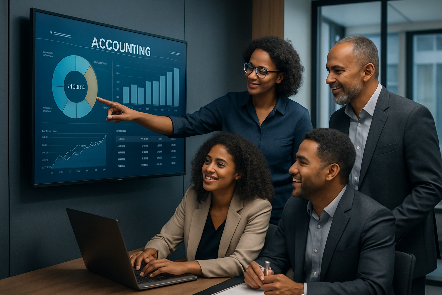 Analistas contábeis discutindo integração sistêmica em sala de reunião