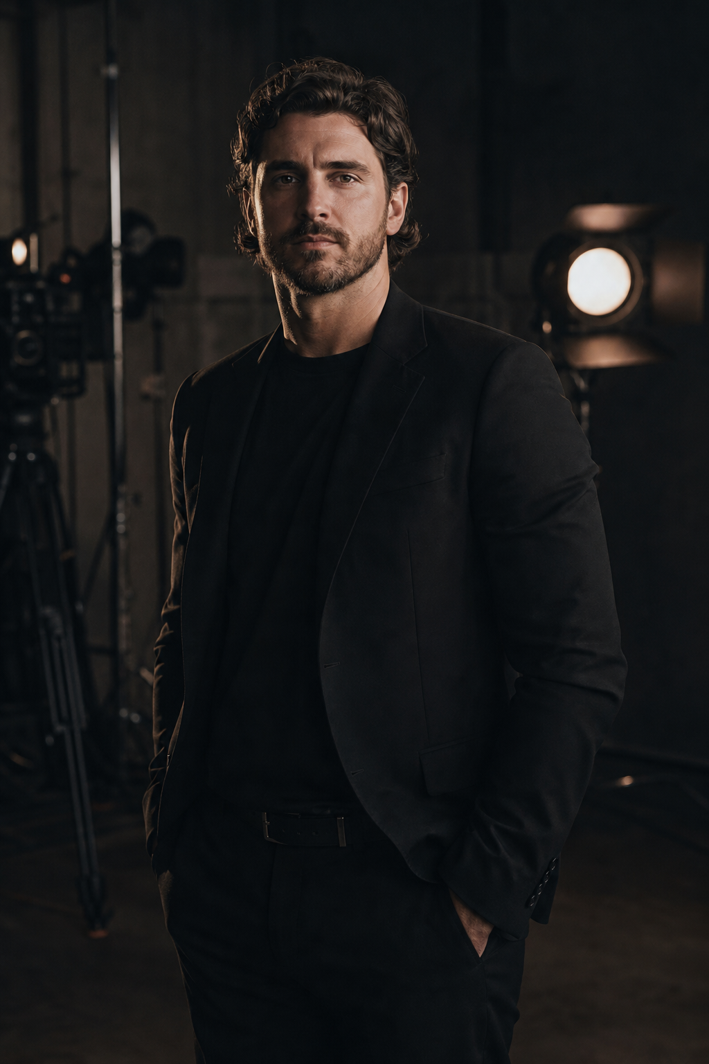 Portrait of Brad Hart in a tailored black outfit standing in a dimly lit production studio with cinematic side lighting