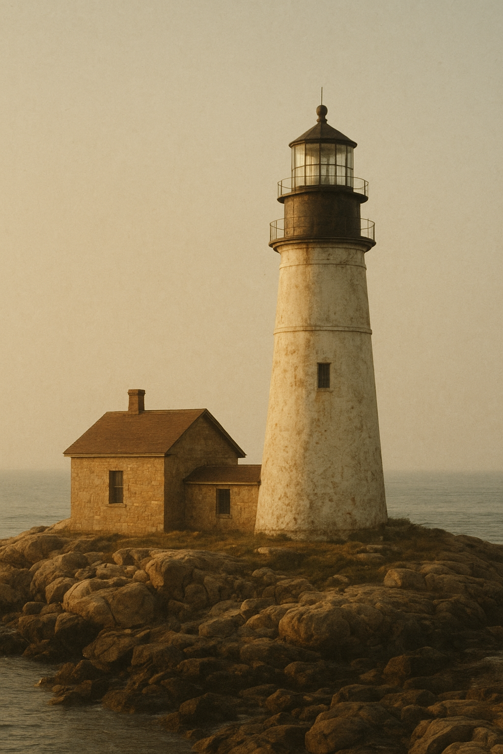 Warm archival photograph of a northern coast lighthouse with weathered signal house and sea haze
