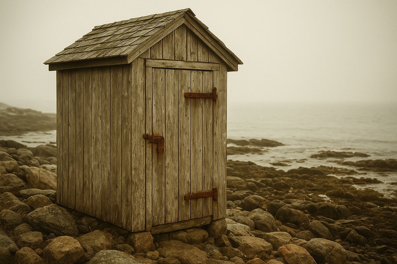 Boarded coastal signal shed with worn timber facing a stony shoal