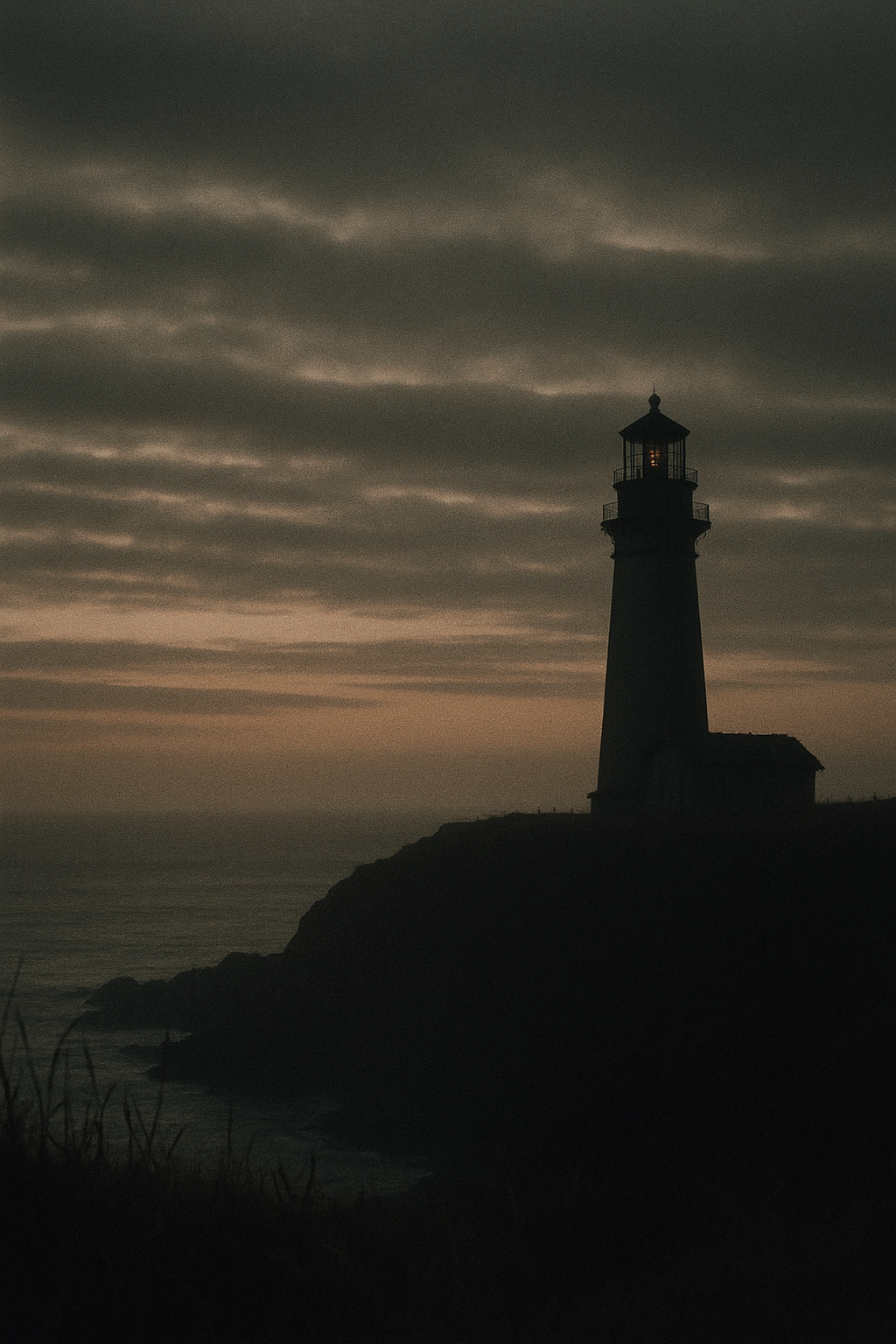 Distant lighthouse silhouette on a dark cliff under late dusk clouds