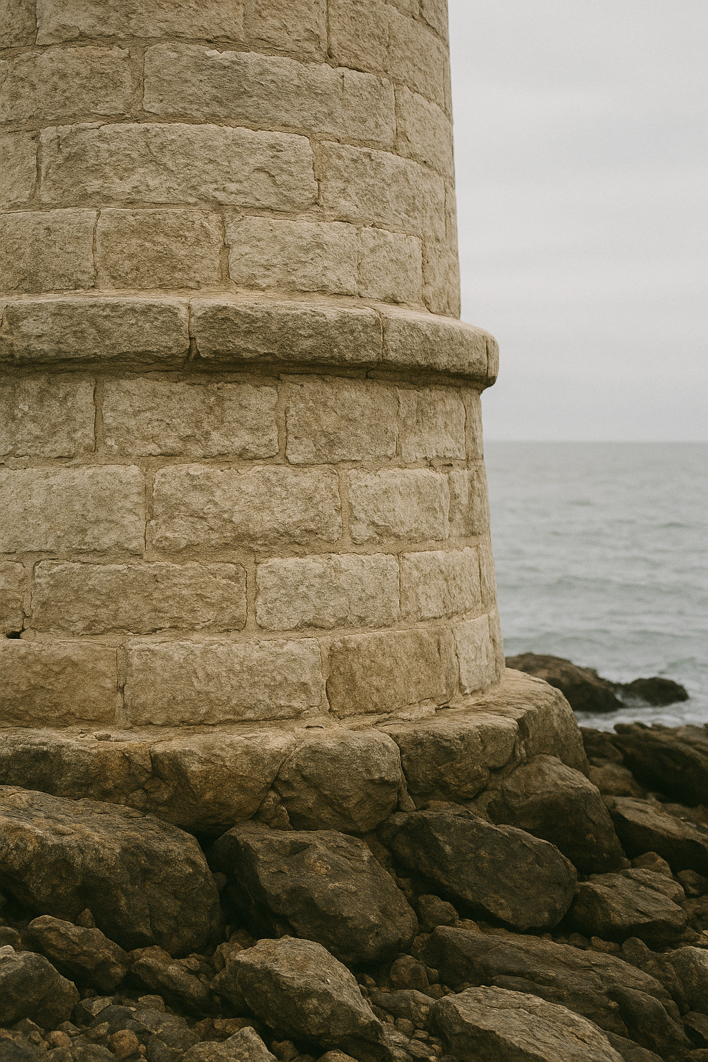 Warm documentary-style close view of lighthouse masonry and weathered shoreline texture under soft coastal light