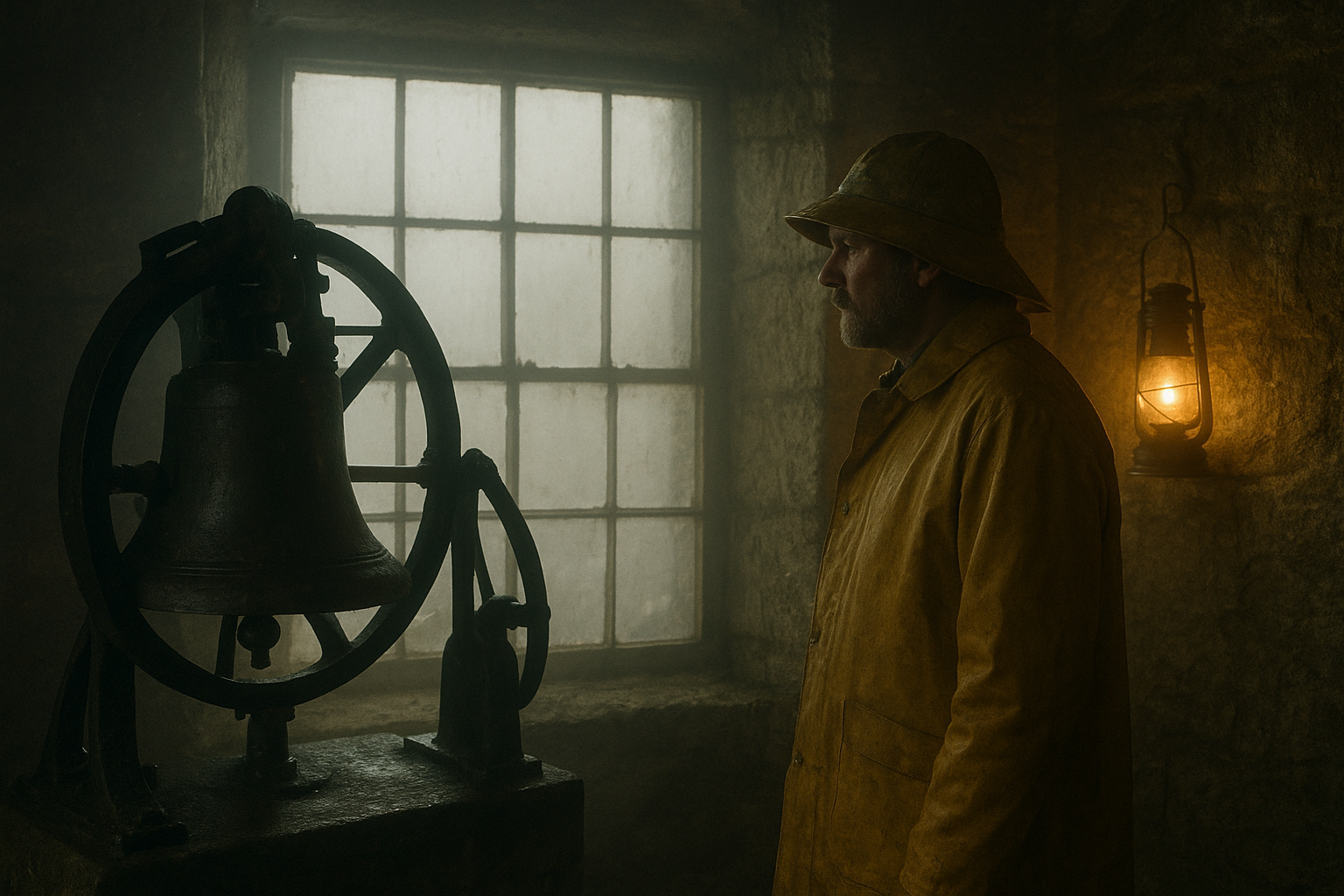 Keeper in oilskin coat standing near a fog bell mechanism in dim light, with misted windowpanes and damp stone interior