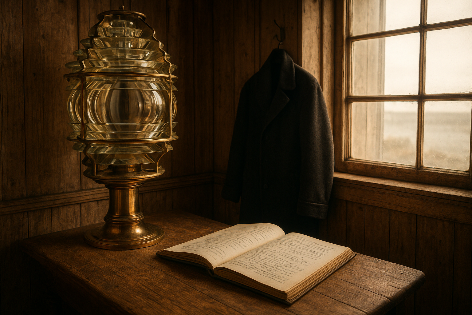 Documentary-style lighthouse lamp room with a brass Fresnel lens, an open handwritten logbook, and a wool coat hanging beside weathered timber walls