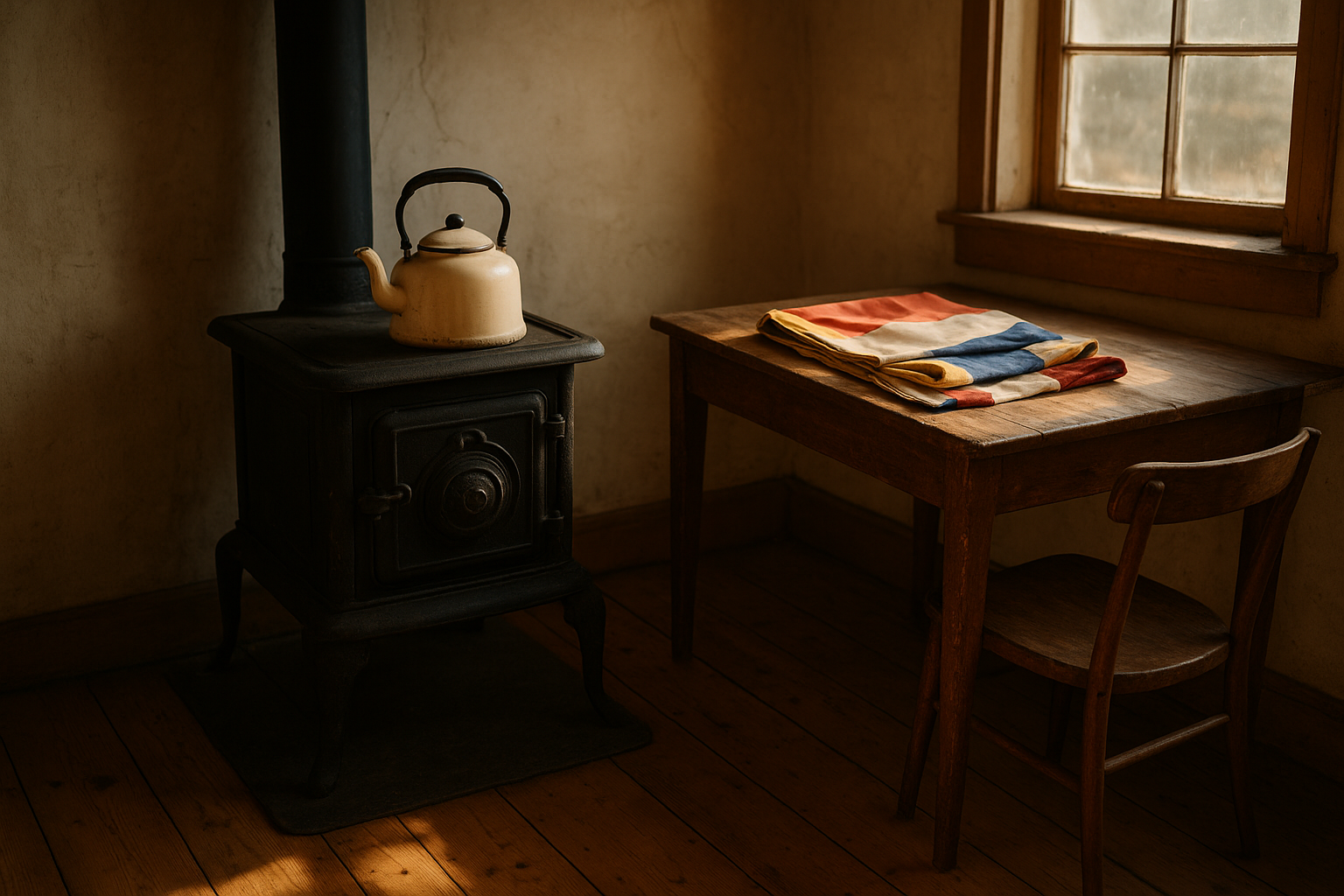 Warm interior of lighthouse keeper quarters with a cast-iron stove, enamel kettle, folded signal flags, and worn wooden floorboards