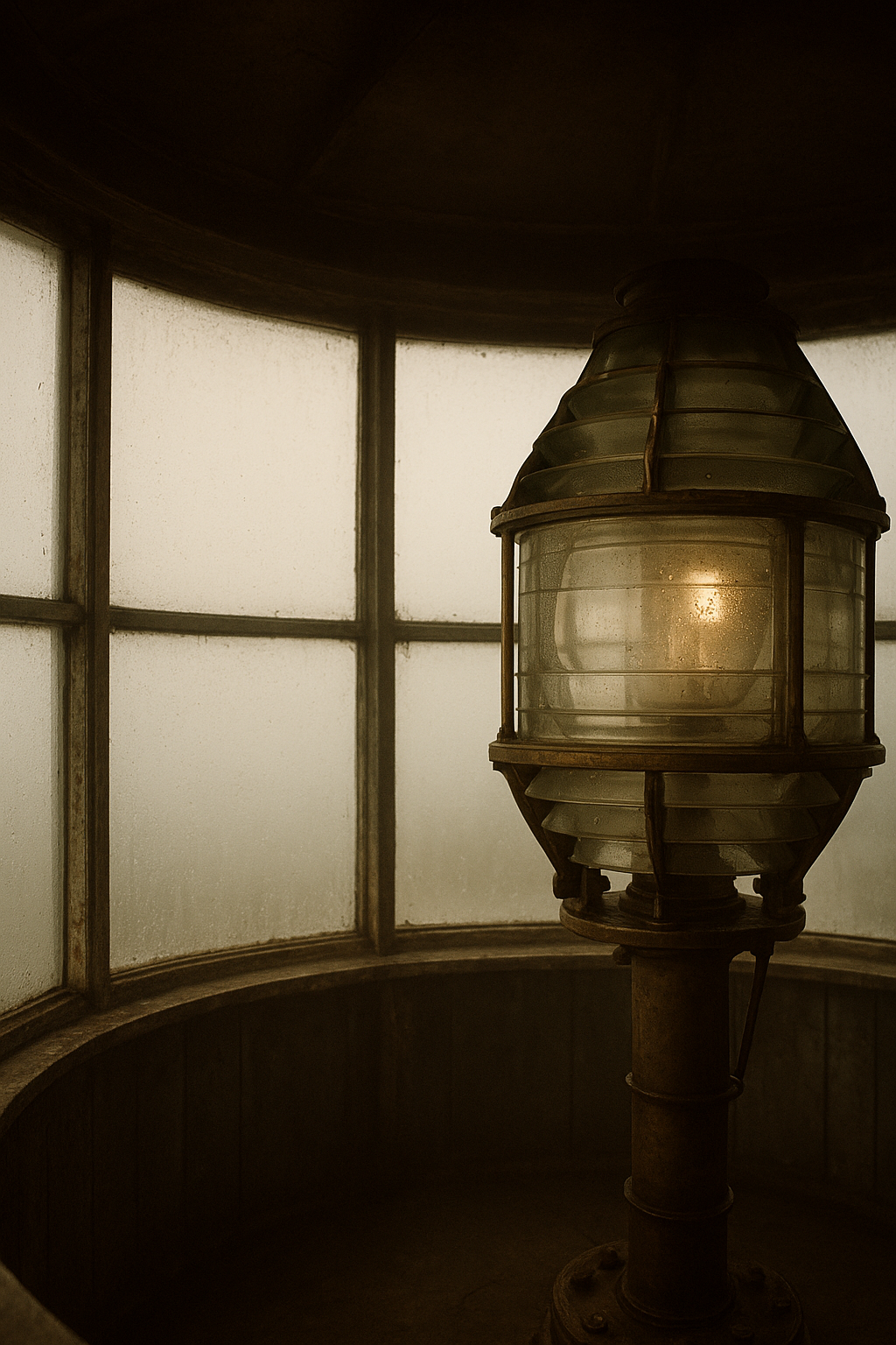 Lantern room interior with fogged glass panes and brass fittings