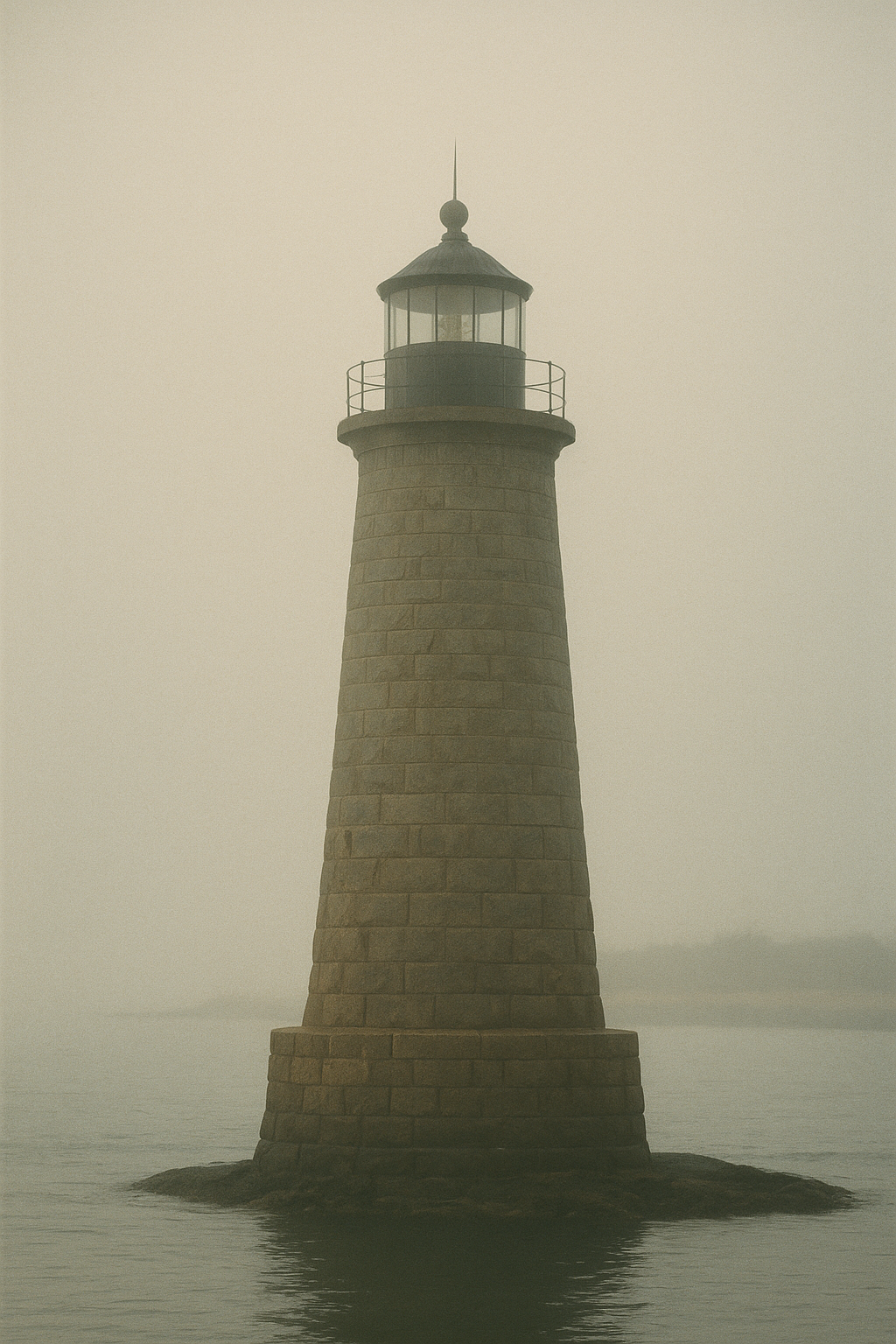 Harbor lighthouse rising through pale morning mist