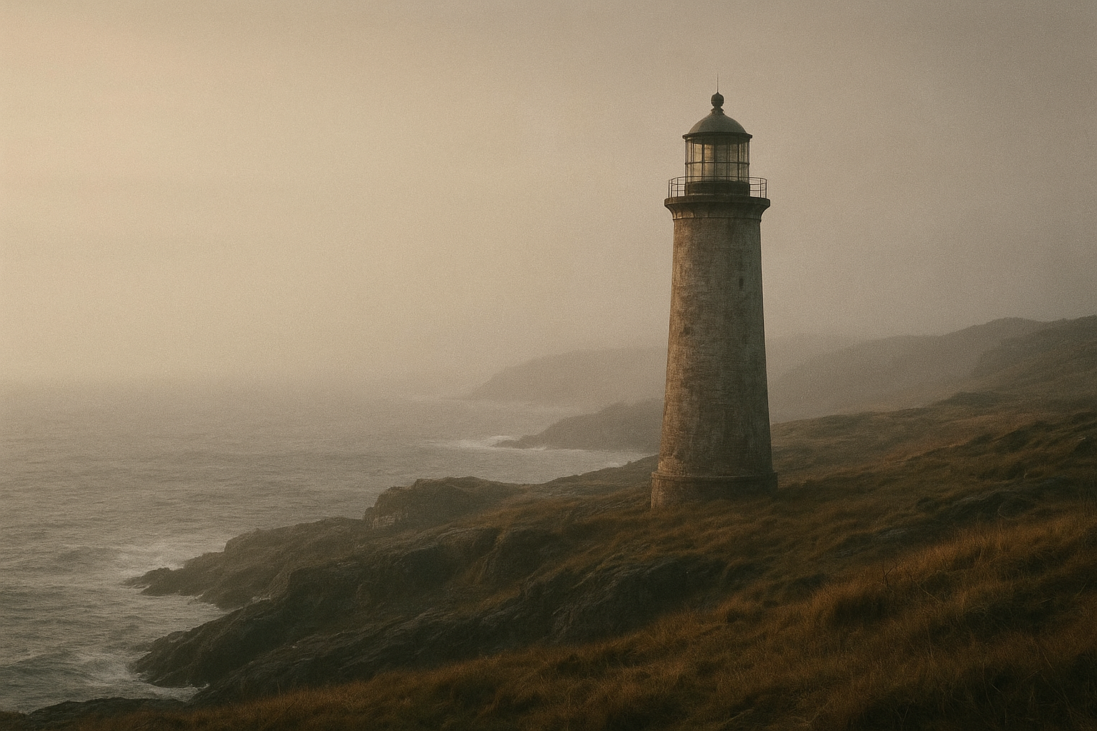 Warm film-photography view of a weathered lighthouse on a rugged northern shoreline with misty light and documentary realism