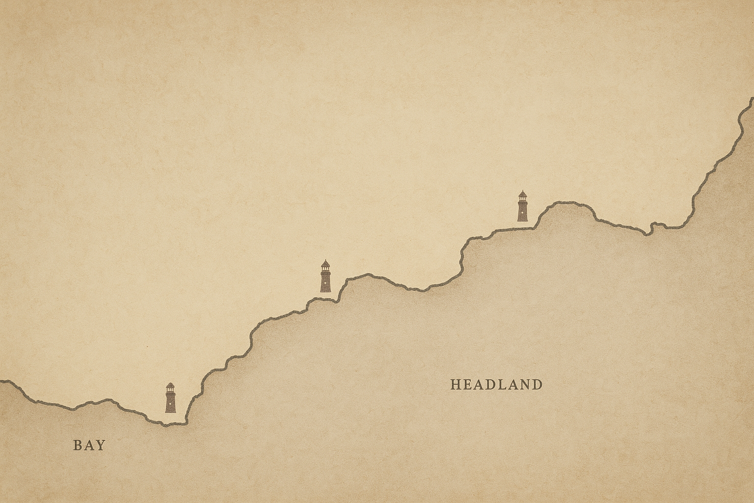 Printed-style simplified map of the northern coastline with lighthouse markers and shoreline labels