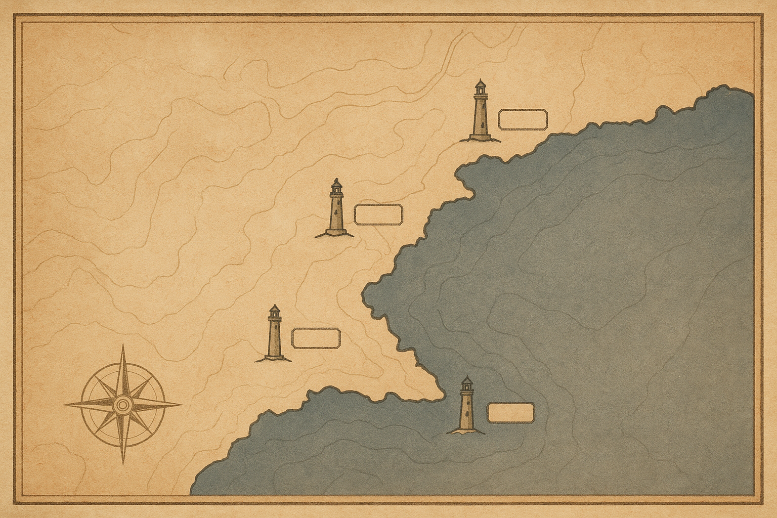 Editorial coastal reference map with four preserved lighthouse markers along the northern shoreline