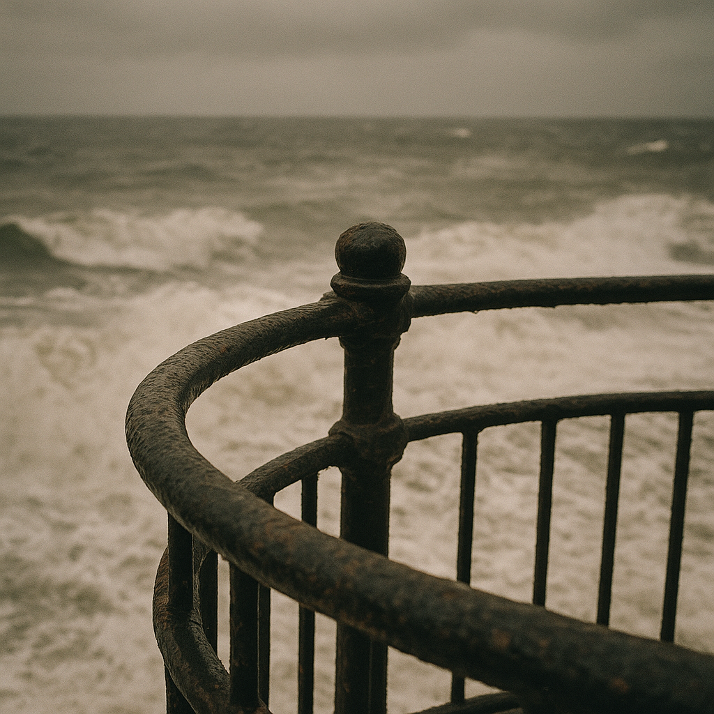 Iron lookout railing facing heavy surf and wind-whipped foam