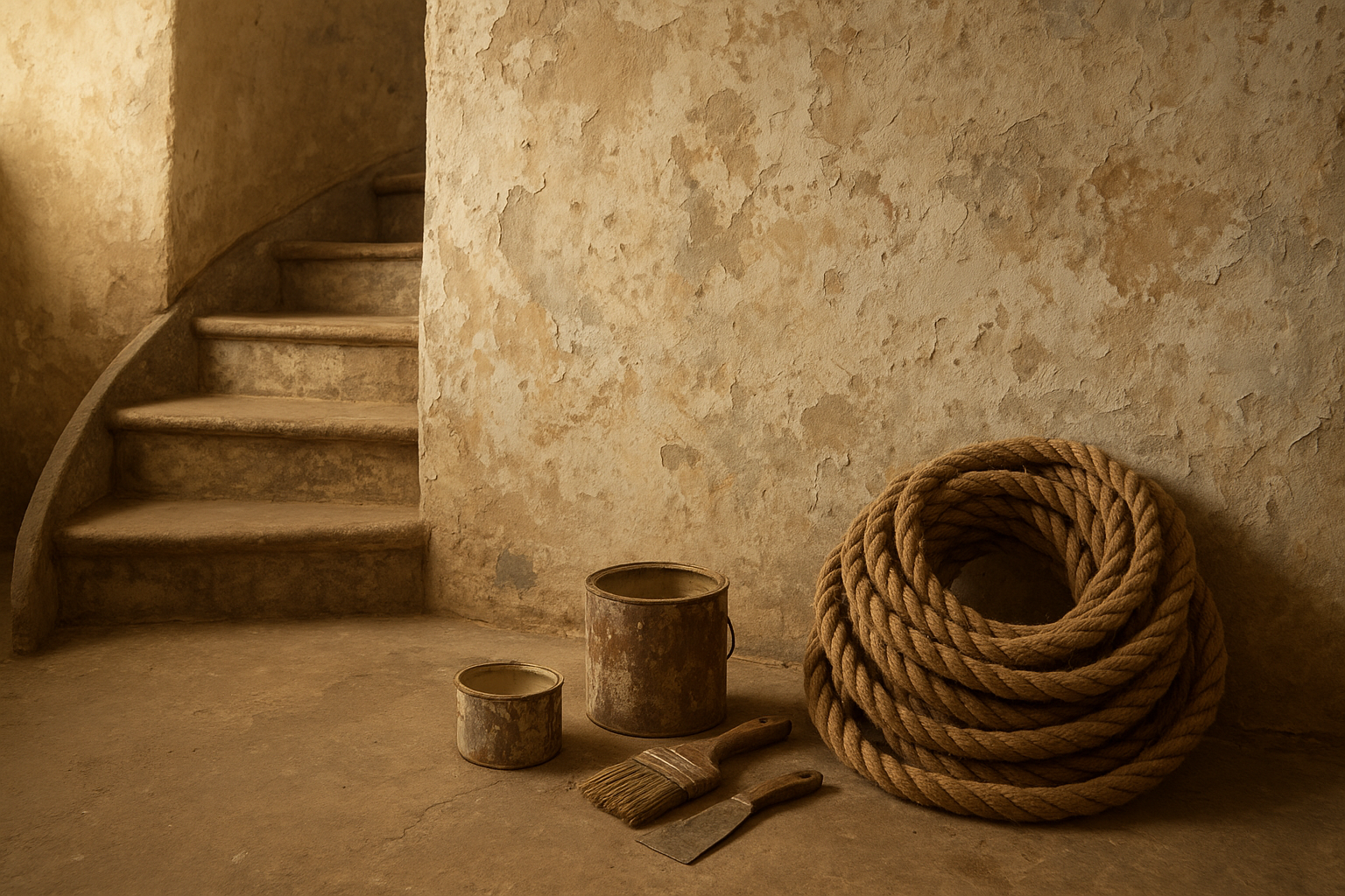 Weathered lighthouse interior stair landing with paint tins, hand tools, coiled rope, and salt-marked plaster in soft morning light