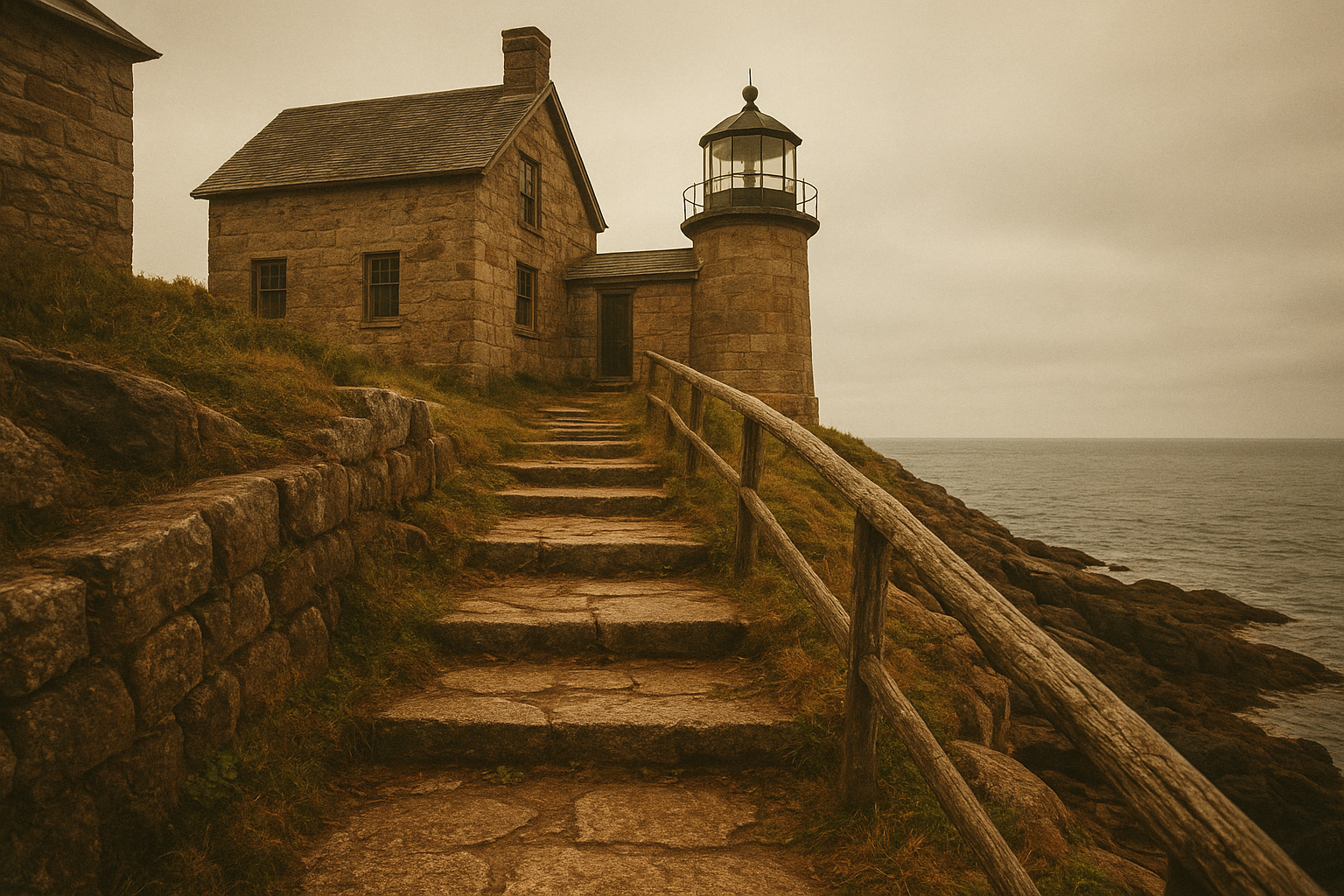 Weathered stone steps beside a keeper dwelling near the shore