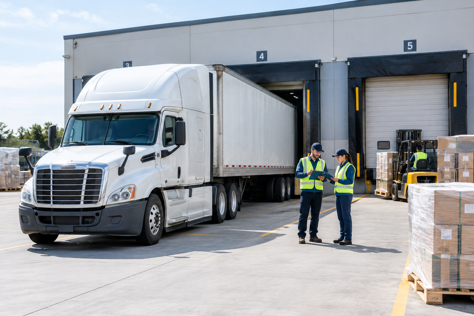 Logistics operations scene with a freight truck at a commercial loading dock, staff reviewing shipment details, and organized cargo handling equipment