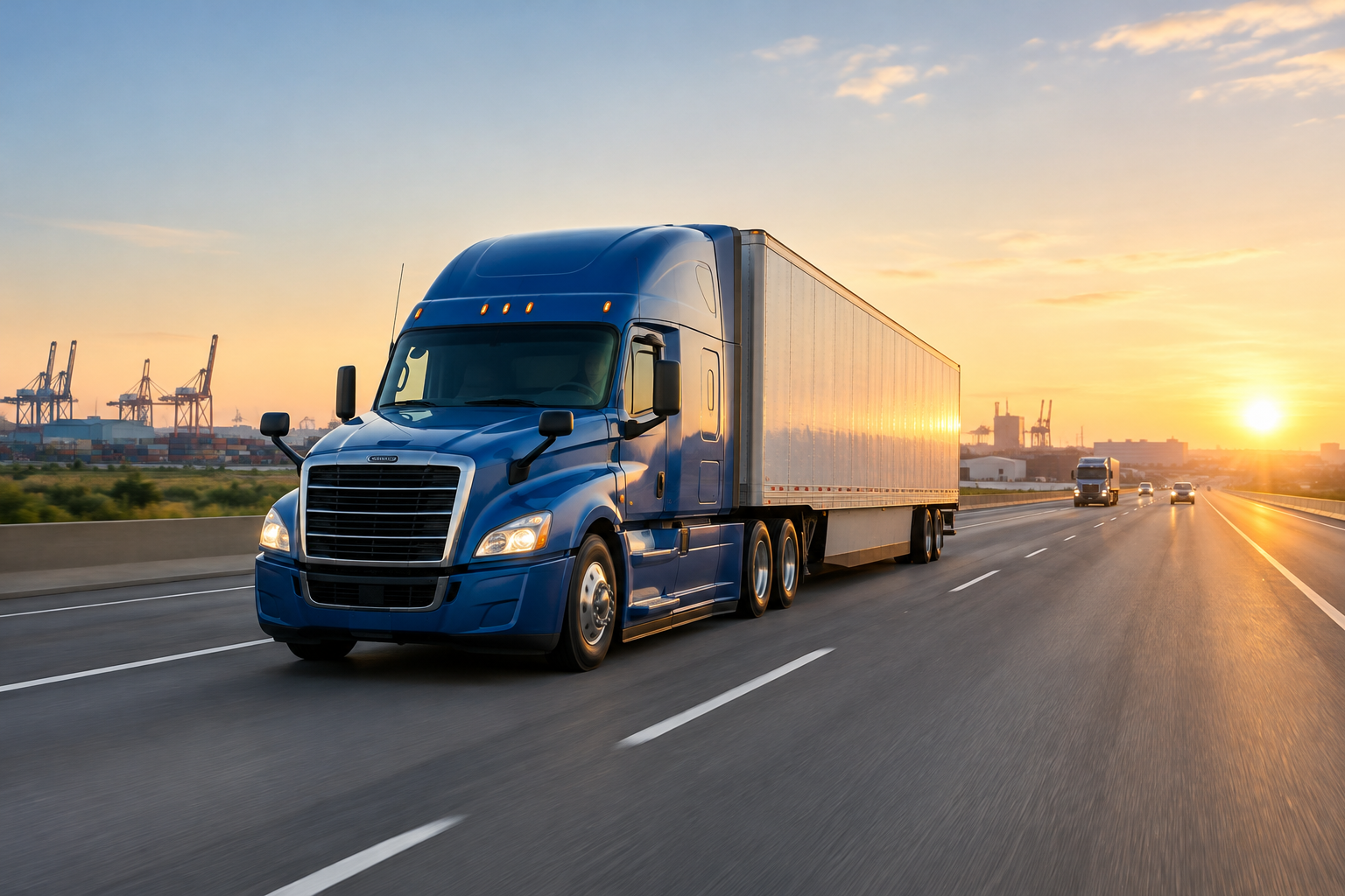 Long-haul freight truck moving along a highway at sunrise with logistics traffic in the background
