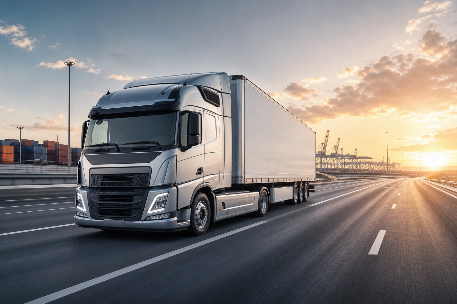 Modern premium silver cargo truck with aerodynamic cab driving on a clean highway at sunrise, logistics terminal structures in the background